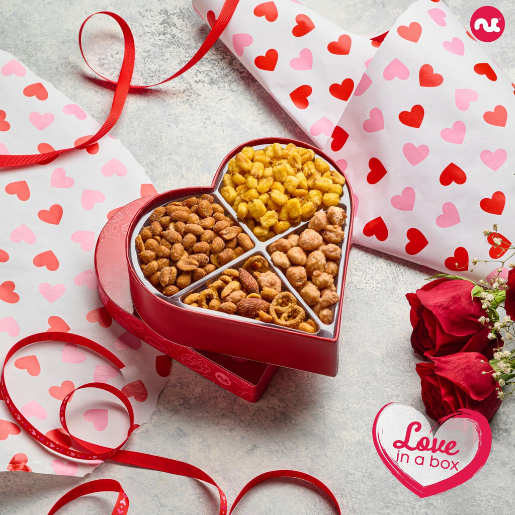 NUT CRAVINGS - Fathers Day Treats, Gift For Dad, Mixed Nuts Heart Shaped Gift Basket, Love in A Box (6 Assortments, 2 LB) Romantic Food Arrangement, Healthy Snack Care Package, Food Assortments