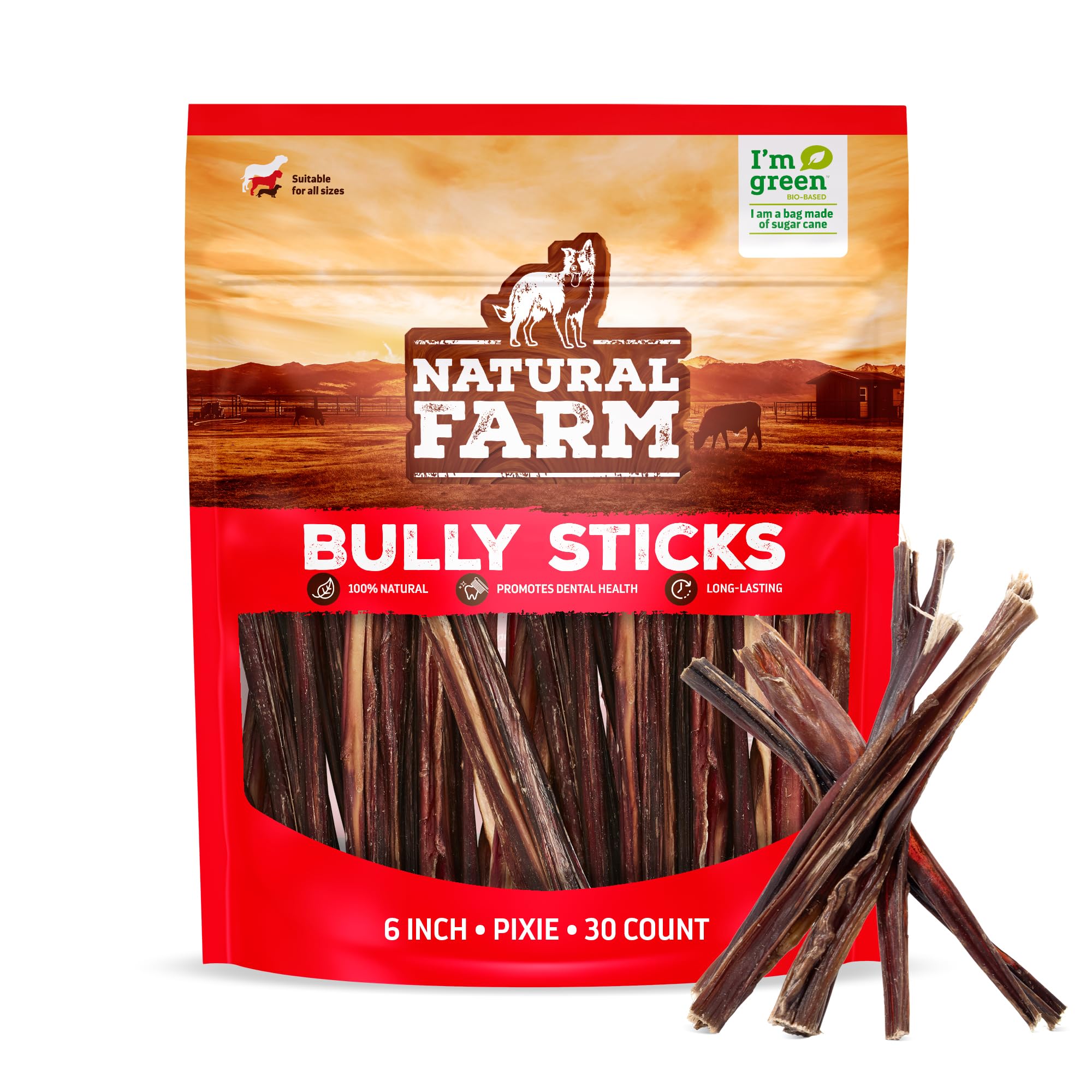 Natural Farm Bully Sticks (6 Inch, 15 Count), Single Ingredient: 100% Beef Chews, Grass-Fed, Non-GMO, Grain-Free, Fully Digestible Treats for Puppies, Small or Senior Dog