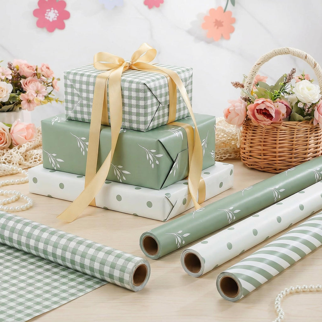 woric 4 Rolls Sage Green Wrapping Paper Neutral Wrapping Paper with Stripe Polka Dot Check Beige Leaves Design for Baby Shower Wedding Bridal Shower Graduation Birthday-17 x 120 in Per Roll