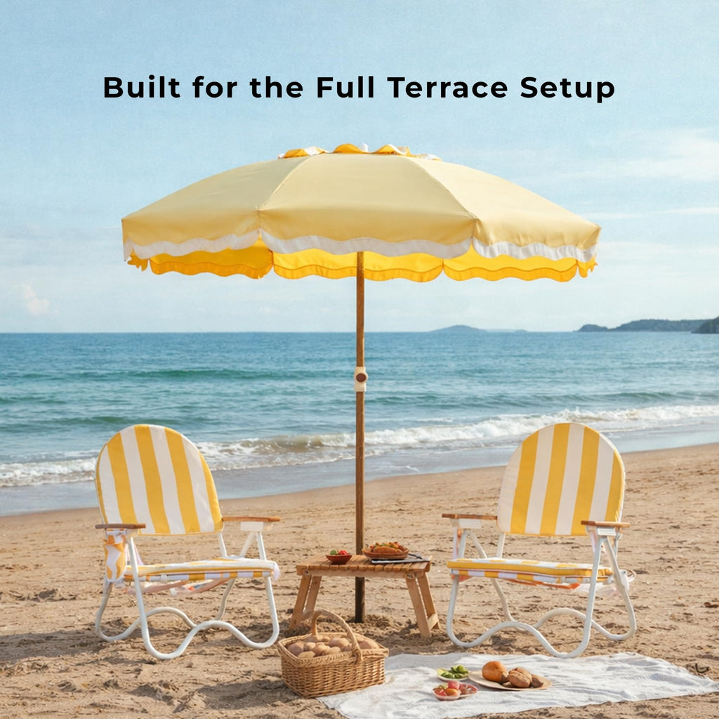 Padded Low Beach Chair, 4-Position Folding Outdoor Chair with Wooden Armrests, Cushioned Seat, Storage Pouch & Carry Strap for Beach, Patio and Lawn, Cala Serena Ochre Stripe