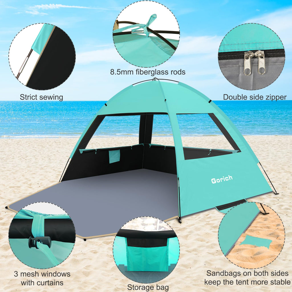 Gorich Beach Tent Sun Shelter for 3/4/6/8/10 Person with UPF 50＋ UV Protection, Lightweight & Easy Setup Beach Shade Canopy, Portable Beach Shade Tent Beach Cabana