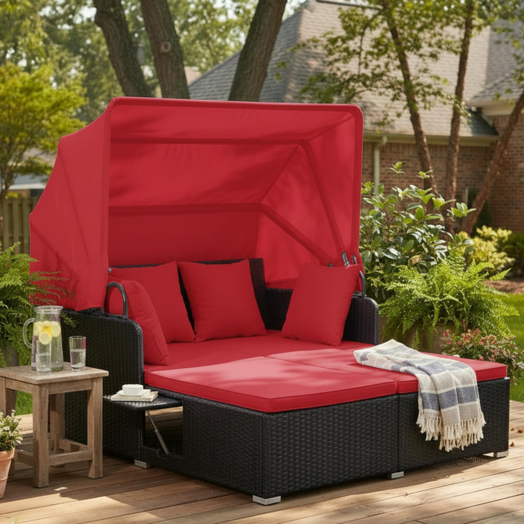 Tangkula Patio Rattan Daybed with Retractable Canopy, Outdoor Wicker Sunbed Lounger with 2 Foldable Side Tables, Thick Seat & Back Cushions, Outside Double Daybed for Garden, Backyard, Porch