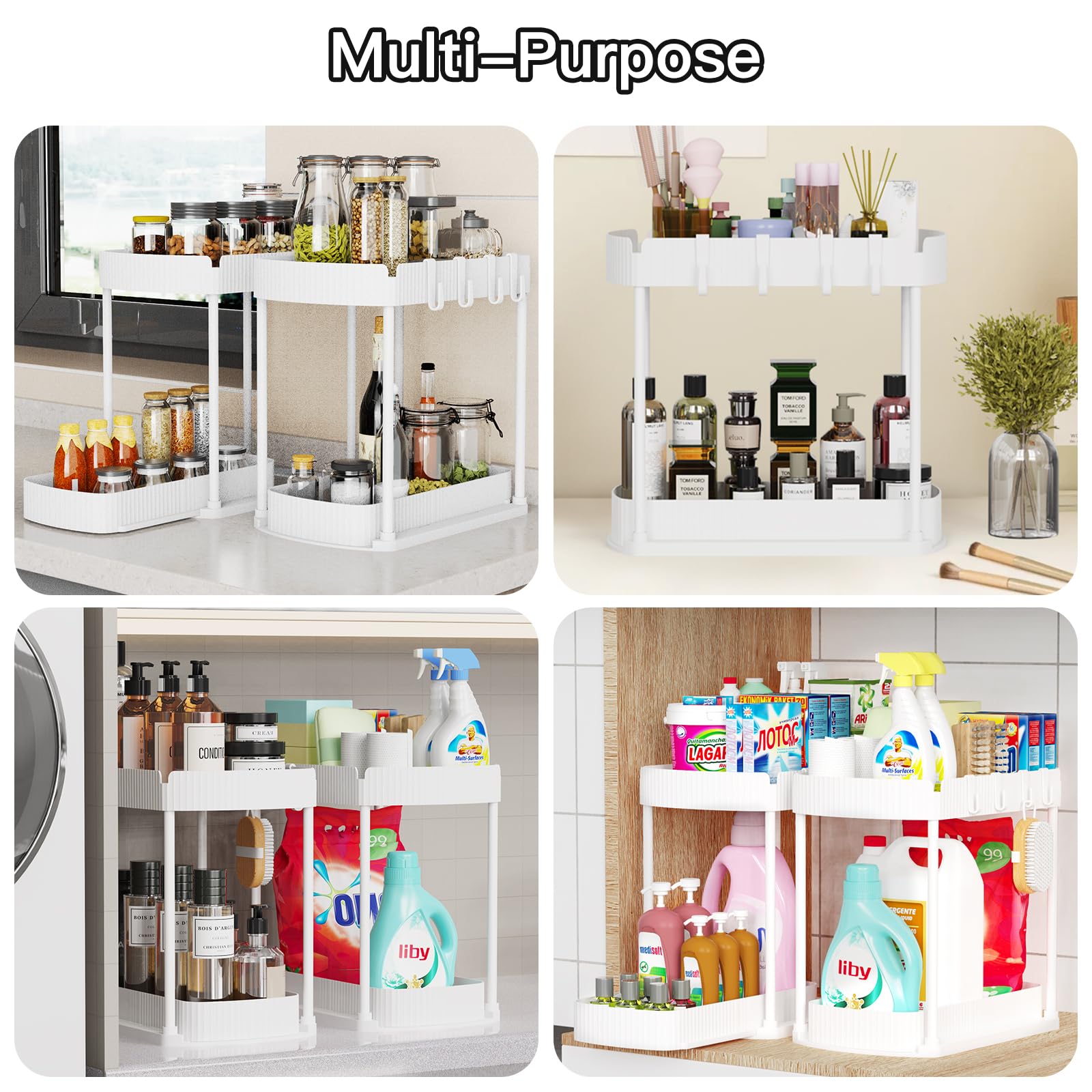 Ukeetap Multi-Purpose Pull-Out Storage Organizers, Under Sink/Cabinet Organizers and Storage for Bathroom & Kitchen, Black, 12.8 Inches, 2 Packs