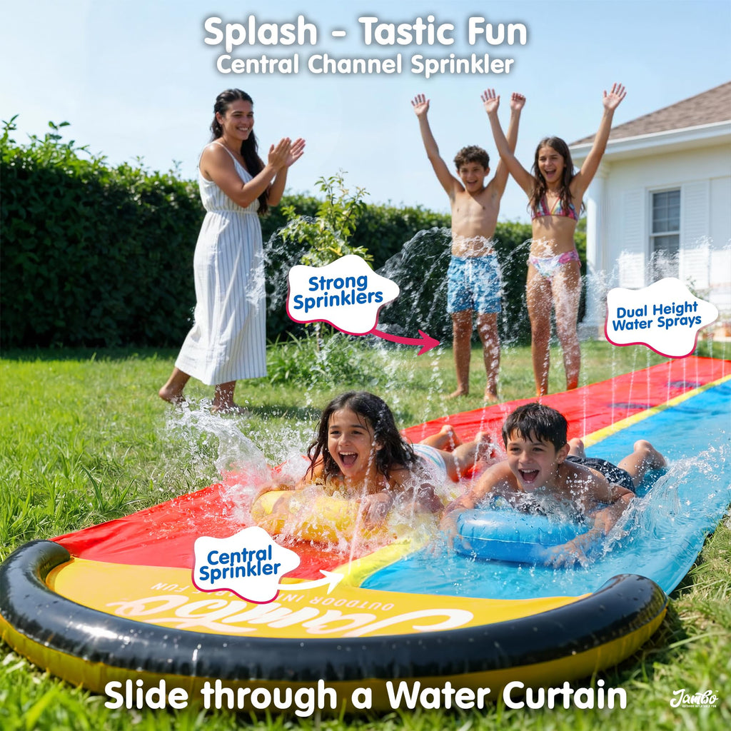 JAMBO Premium Triple Water Slide with 3 Bodyboards, 20Ft Heavy Duty Slip Splash and Slides-Advanced 3-Way Sprinkler System, Splash Pad Mat Backyard Summer Outdoor Water Toys n Long Slides for Kids