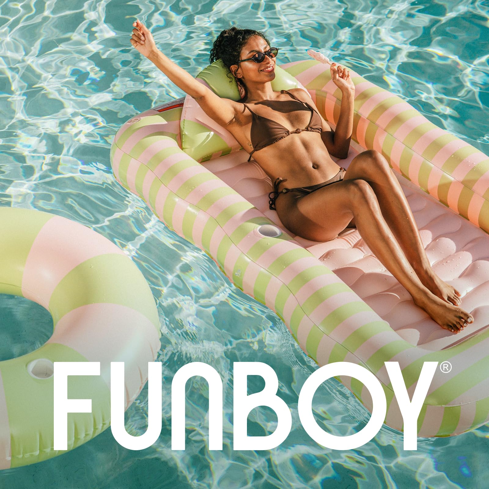 FUNBOY Tanning Pool Lounger Float, XL 72'' x 48'' Pool Float with Custom Pillow and Large Cup Holder, Perfect for Pool or Backyard.