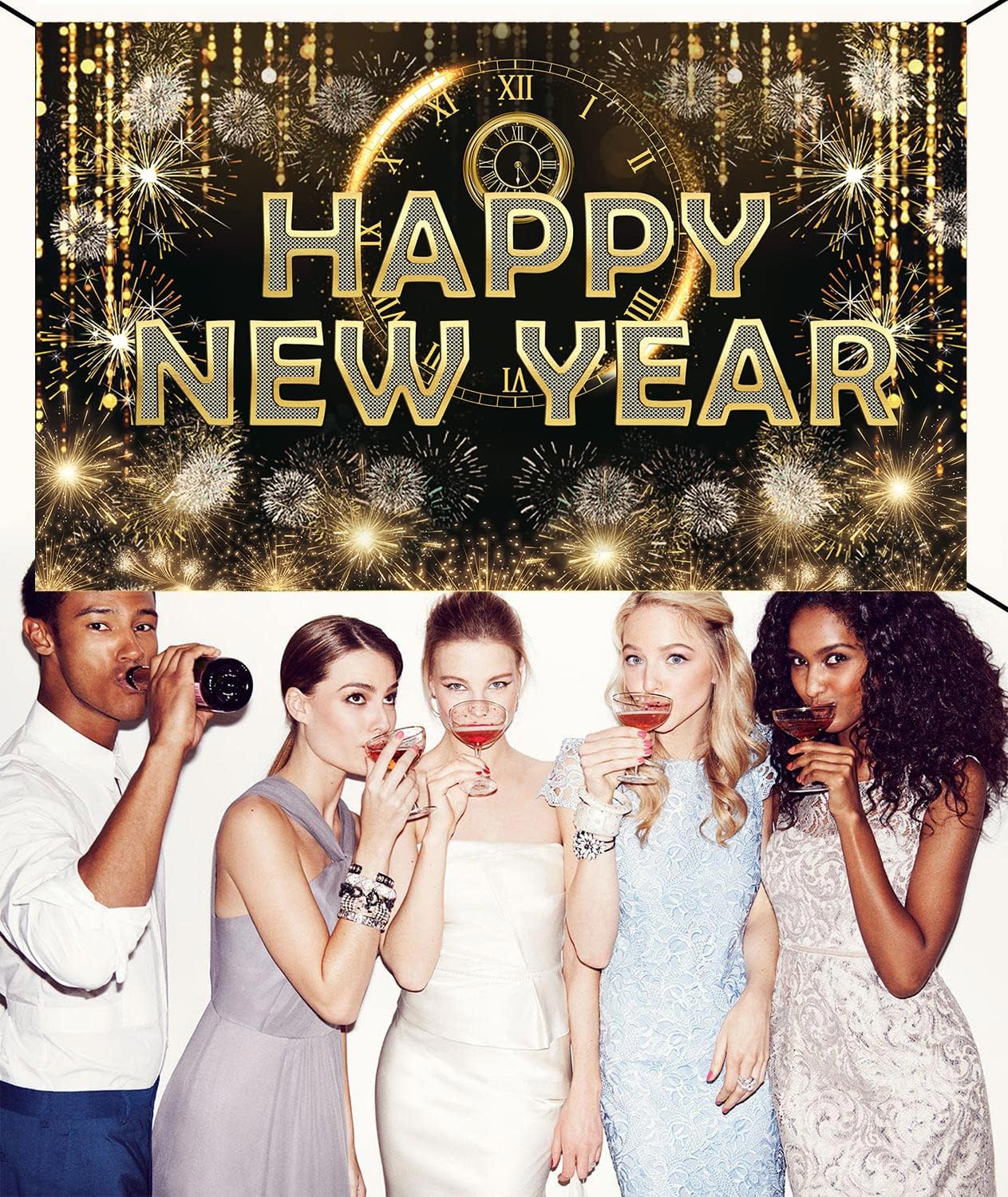 HAPPY NEW YEAR Hanging Extra Large Fabric Sign Poster Black Background Banner with Firework Pattern for New year Party Decorations