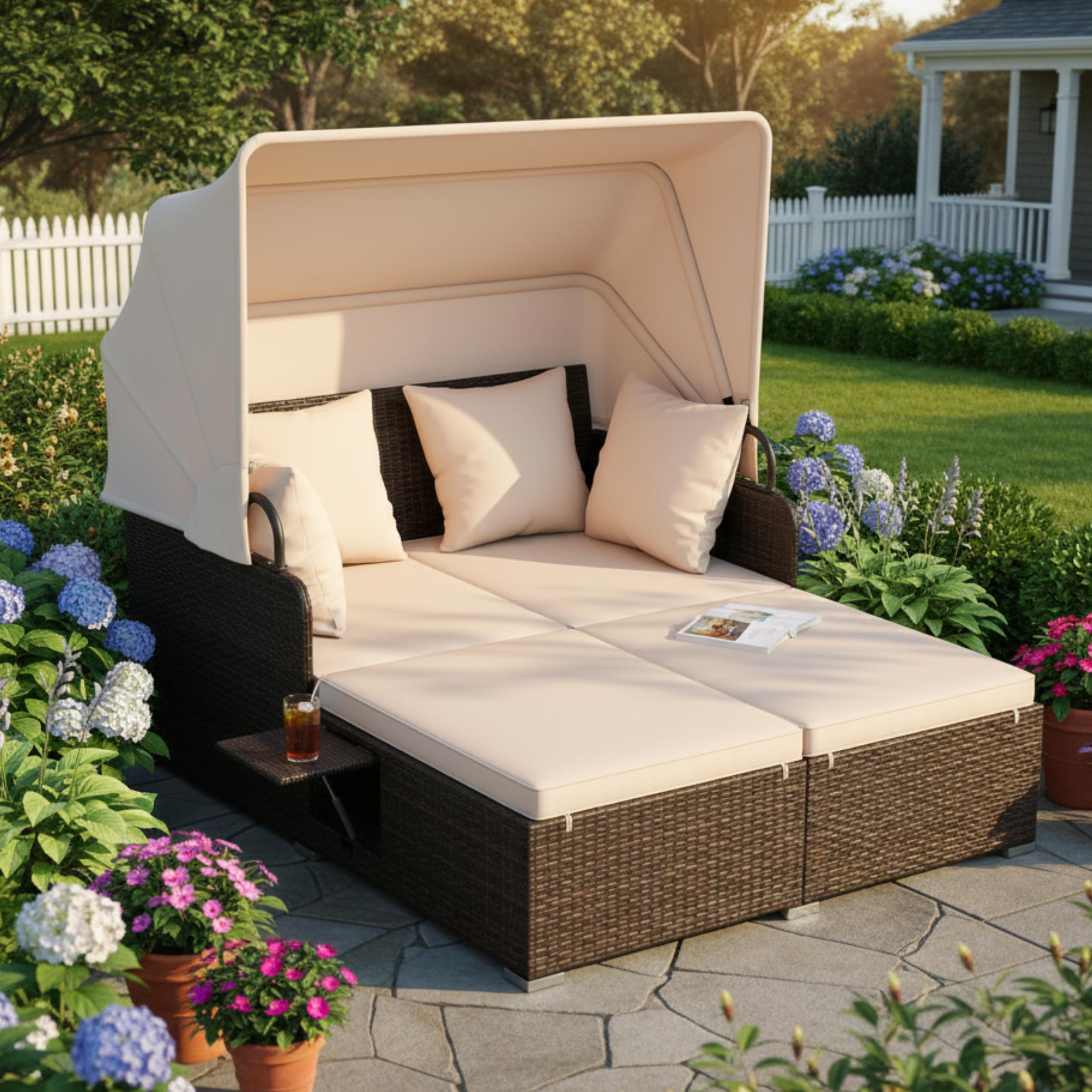 Tangkula Patio Rattan Daybed with Retractable Canopy, Outdoor Wicker Sunbed Lounger with 2 Foldable Side Tables, Thick Seat & Back Cushions, Outside Double Daybed for Garden, Backyard, Porch