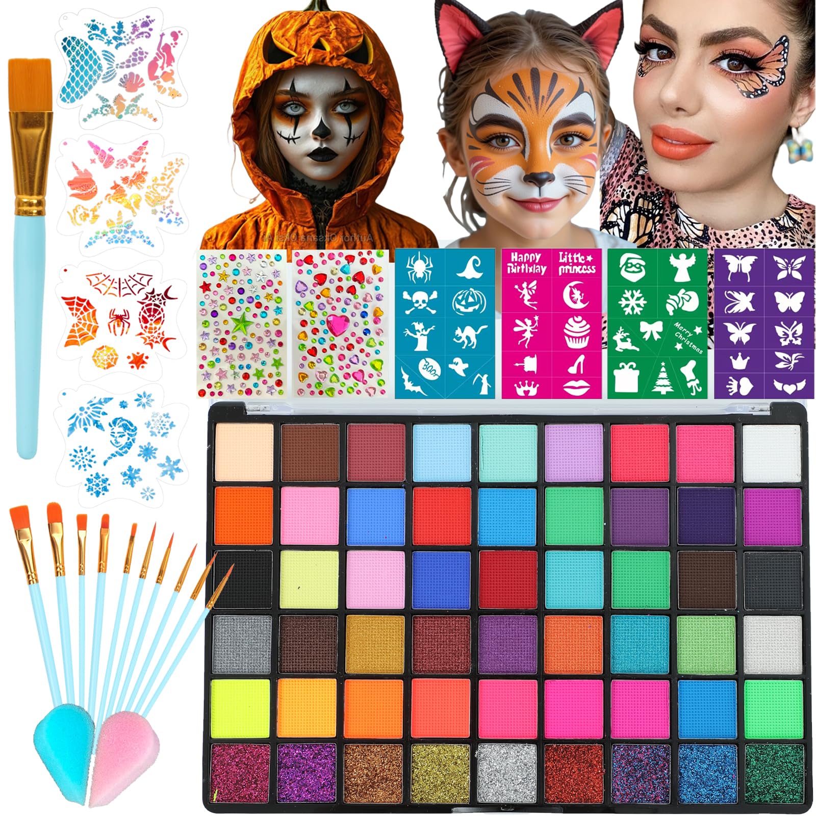 Face Painting Kit for Kids, 42 Colors Professional Face Paint Makeup Kit Non-Toxic Water Activated Facepaint Palette with Brush, Stencil, Sponge, Gem, for Party Halloween Christmas (42 Colors)