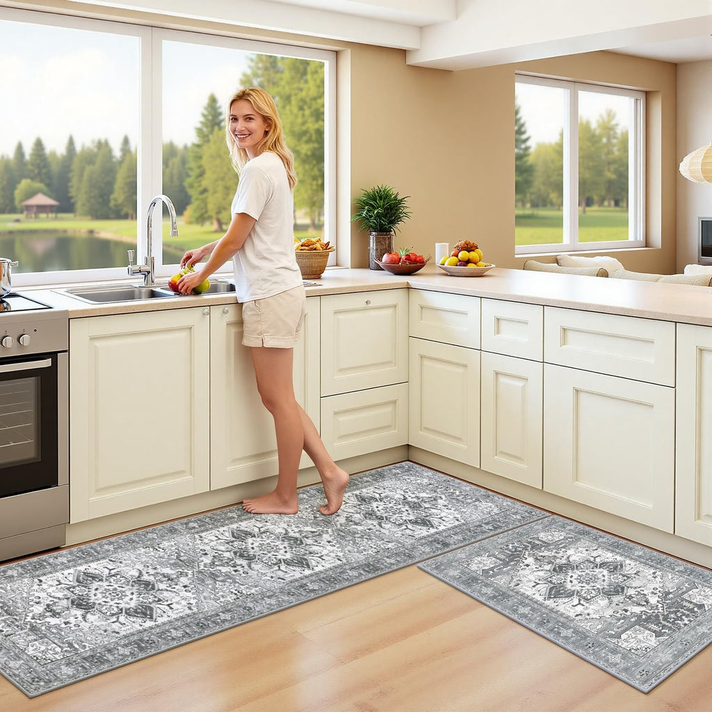 Yamaziot Christmas Kitchen Rugs Sets of 3, Non Slip Kitchen Mats for Floor with Rubber Backing, Holiday Christmas Snowflake Runner Rug Decor Home Decorations for Kitchen, Laundry Room, Hallway