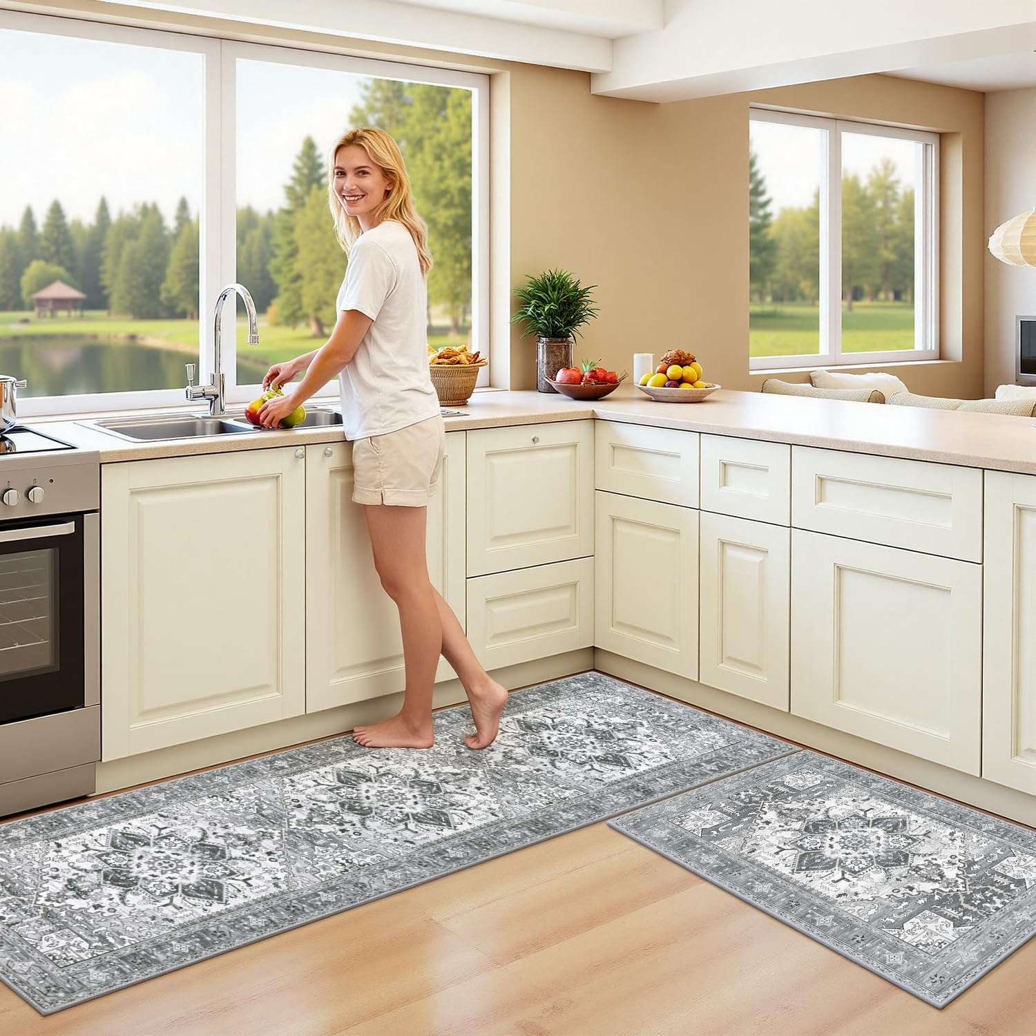 Yamaziot Christmas Kitchen Rugs Sets of 3, Non Slip Kitchen Mats for Floor with Rubber Backing, Holiday Christmas Snowflake Runner Rug Decor Home Decorations for Kitchen, Laundry Room, Hallway