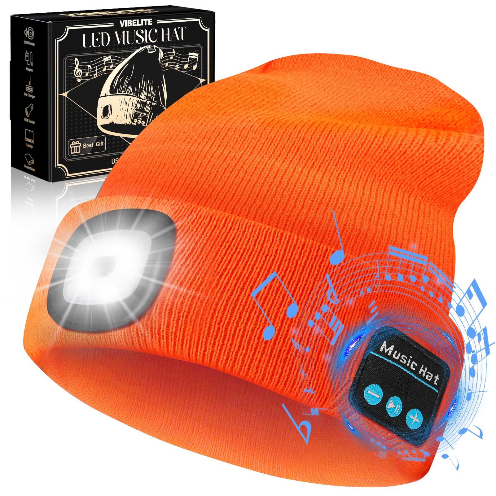 VIBELITE LED Beanie Hat with Light, USB Rechargeable LED Headlamp for Hiking, Camping, Fathers Day Gift for Dad, Husband, Birthday Gifts for Men, Women, Dad Gifts from Daughter, Wife, Black