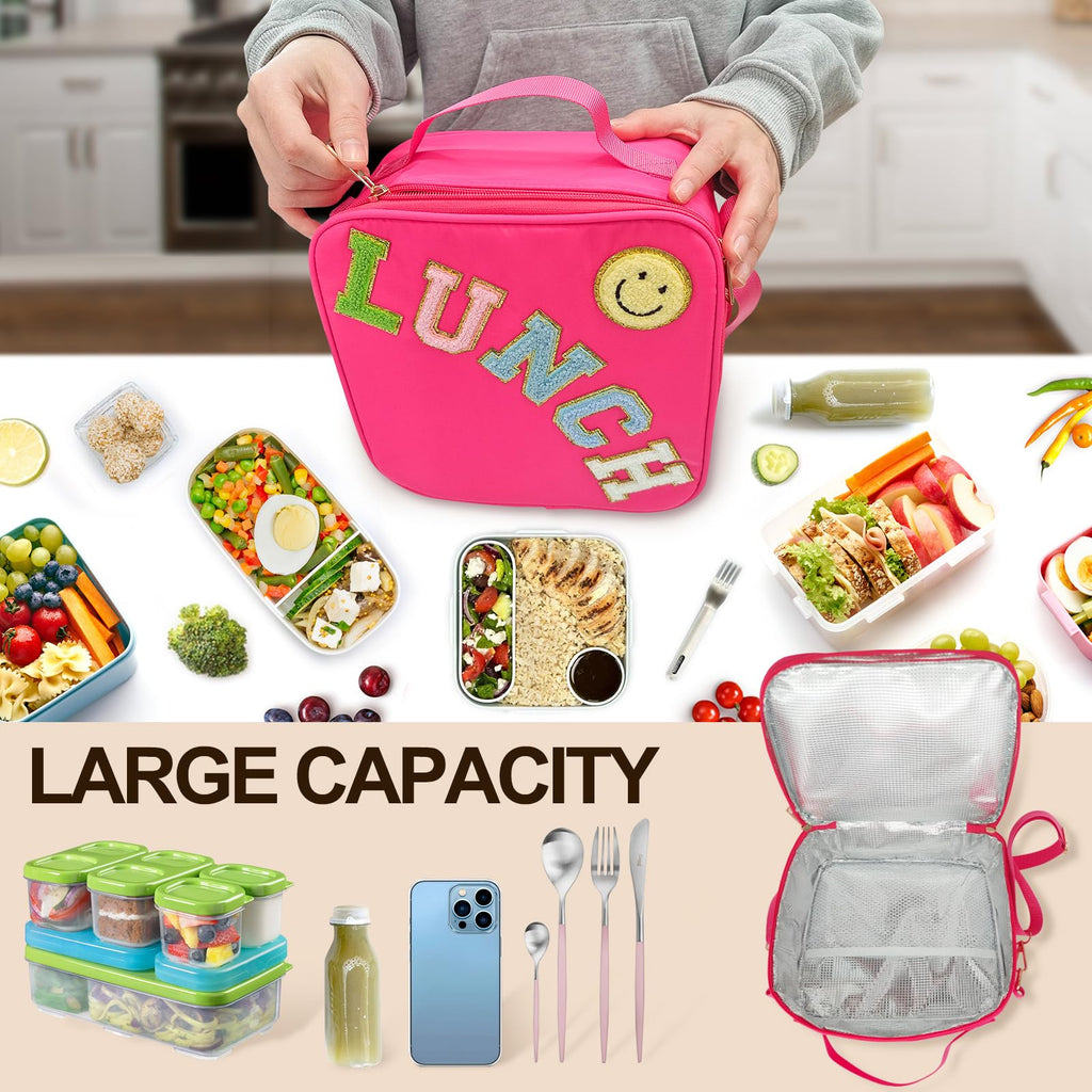 Insulated Lunch Bag With Adjustable Shoulder Strap, Nylon Preppy Lunch Box Large Insulated Lunch Bag Reusable Lunch Tote Bag with Smiley Preppy LunchBag for Girls School Travel Picnic (Purple)