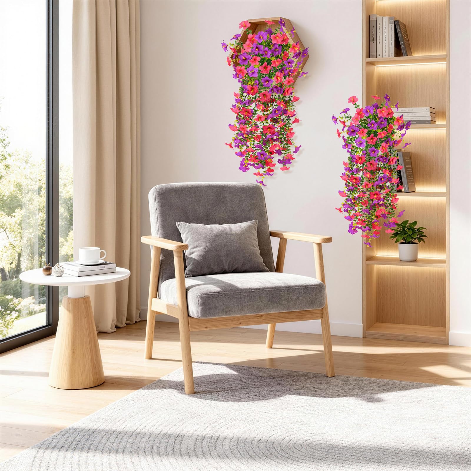 Artificial Fake Flowers Plants for Outdoor Spring Summer Decoration,2 PCS Faux Silk Morning Glory with Eucalyptus Leaves,UV Resistant Realistic Outdoor Flowers for Balcony Porch Patio Yard Garden