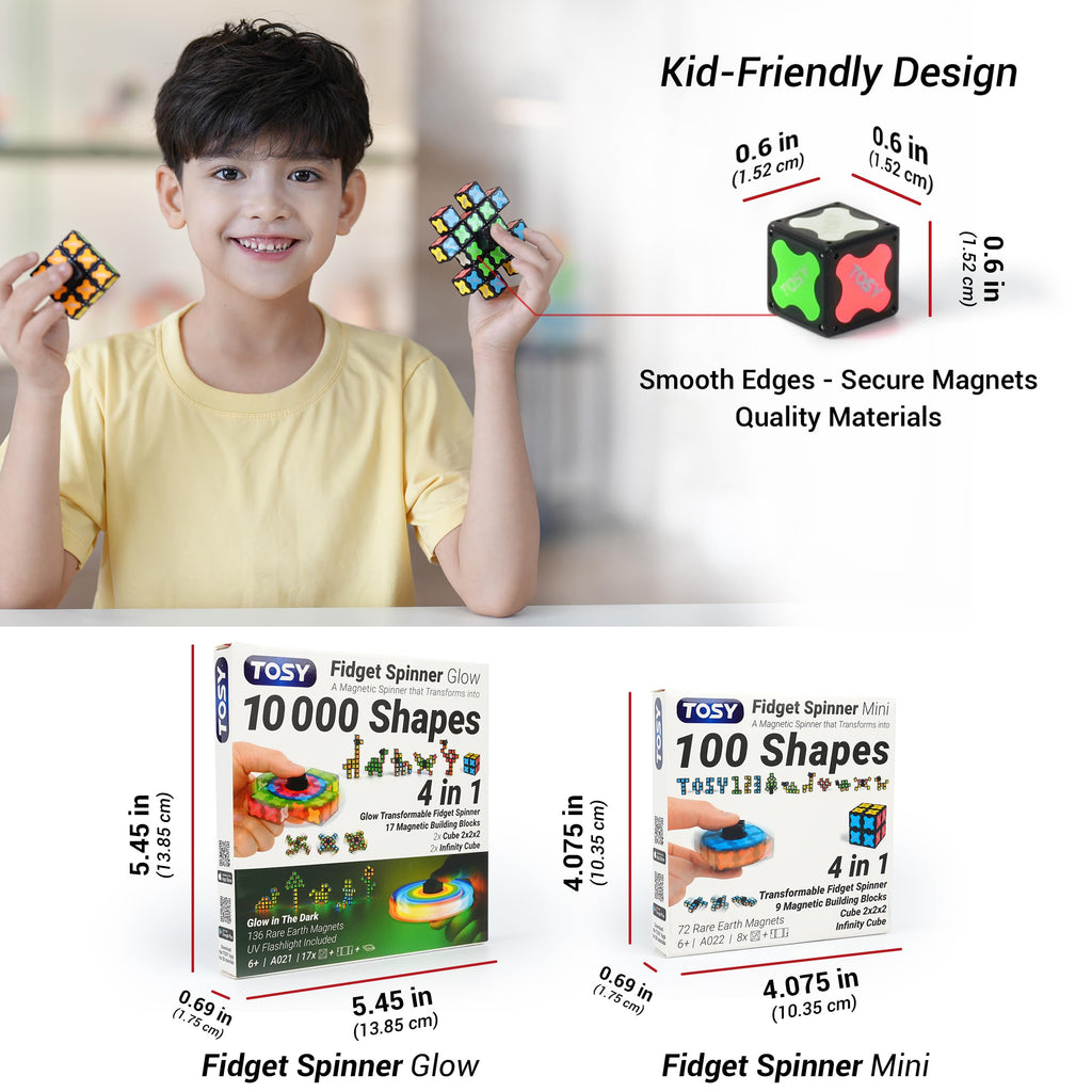 TOSY Magnet Fidget Spinner Mini - 8 Blocks, 3 in 1 Toy: Transformable Fidget Spinner, Infinity Cube, 2x2 Puzzle Cube, Easter Basket Stuffers for Kids/Adults, STEM Sensory Stress Relief Toy