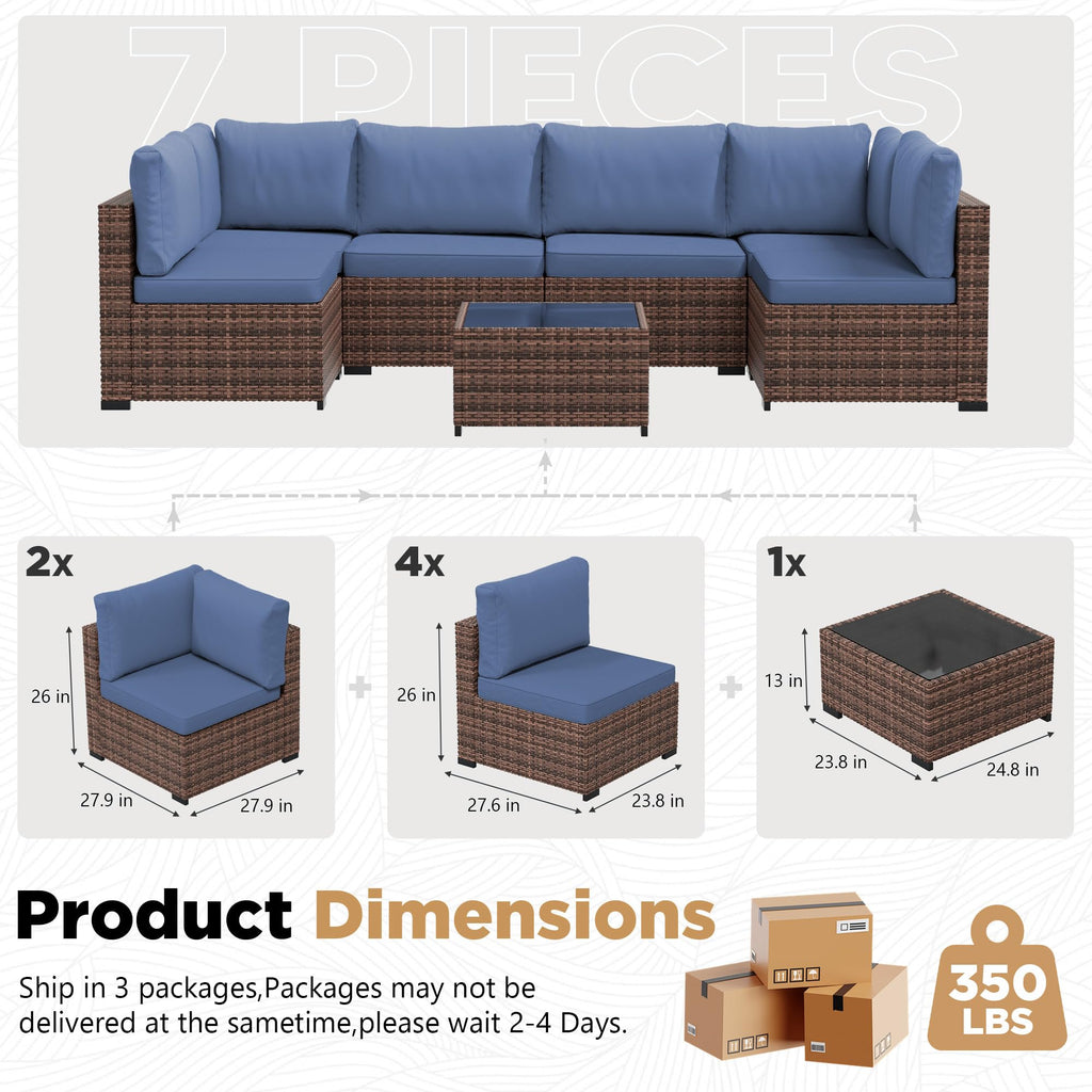 LHBcraft 7 Piece Patio Outdoor Furniture Set, Outdoor Sectional, All-Weather Manual Weaving PE Rattan Wicker Patio Sectional Sofa, Rattan Outside Furniture with Black Cushion and Glass Coffee Table