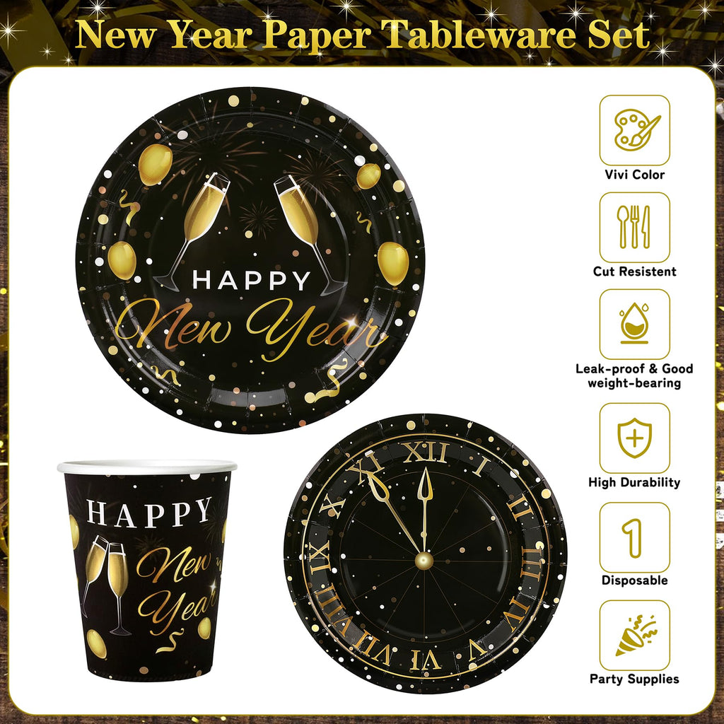 168pcs Happy New Year Party Supplies, Black and White Paper Plates Napkins Cups and Transparent Gold Cutlery for 24 Guests, 2026 New Year Disposable Tableware Supplies for Party Decorations