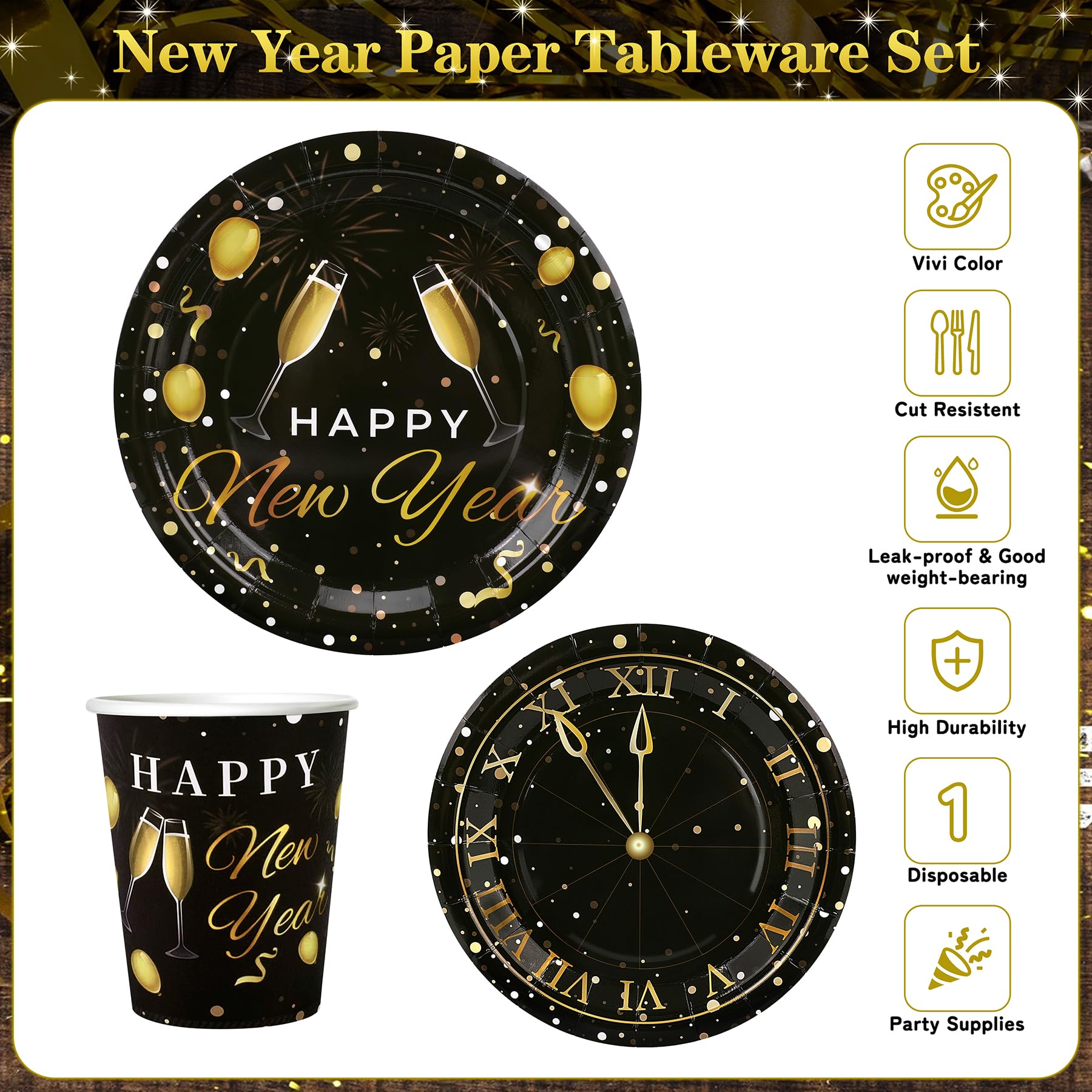 168pcs Happy New Year Party Supplies, Black and White Paper Plates Napkins Cups and Transparent Gold Cutlery for 24 Guests, 2026 New Year Disposable Tableware Supplies for Party Decorations