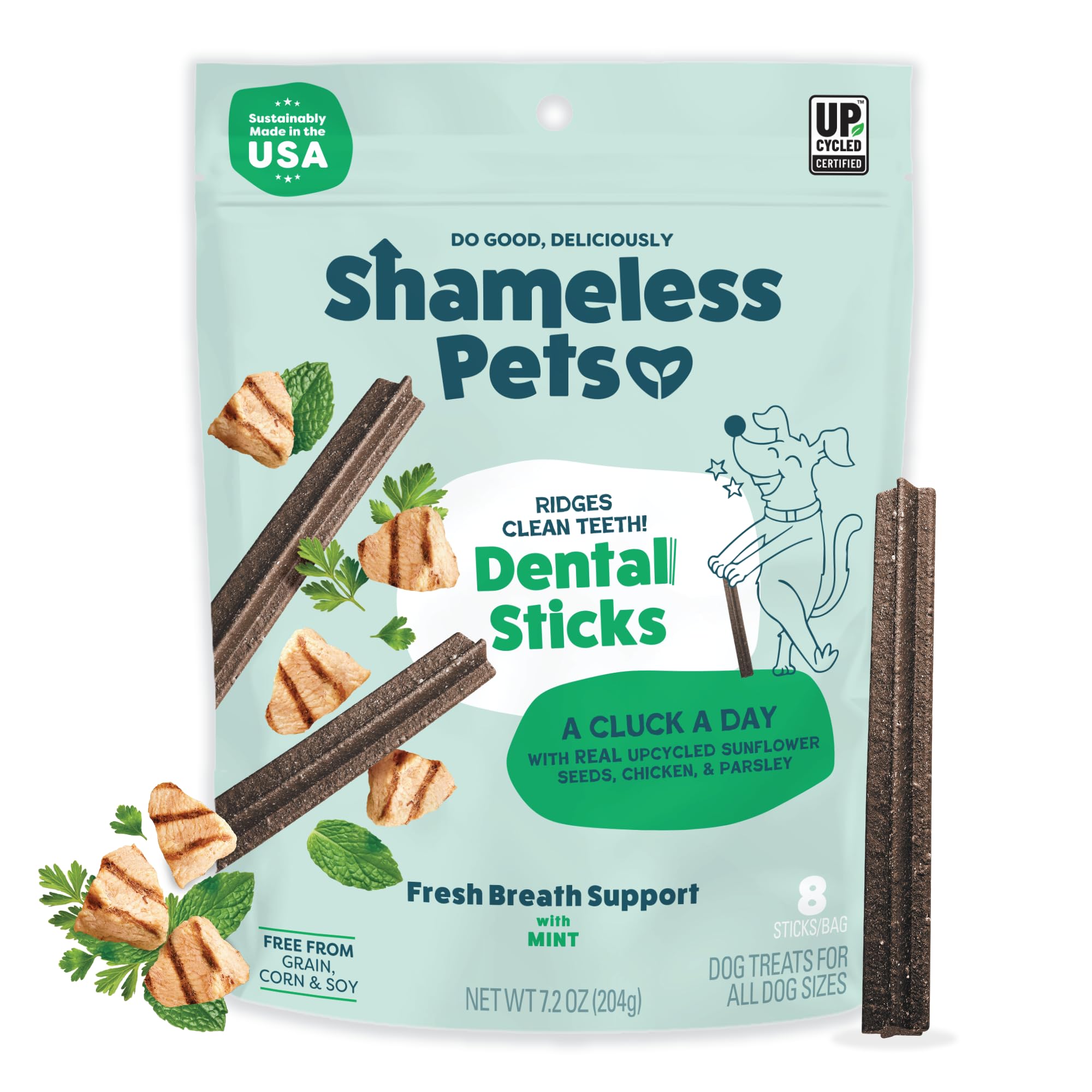 Shameless Pets Blueberry & Mint Dental Chews for Dogs, 8 Chews - Natural Dog Teeth Cleaning Treats with Fresh Breath Benefits | Grain-Free Dental Sticks for Small, Medium & Large Dogs