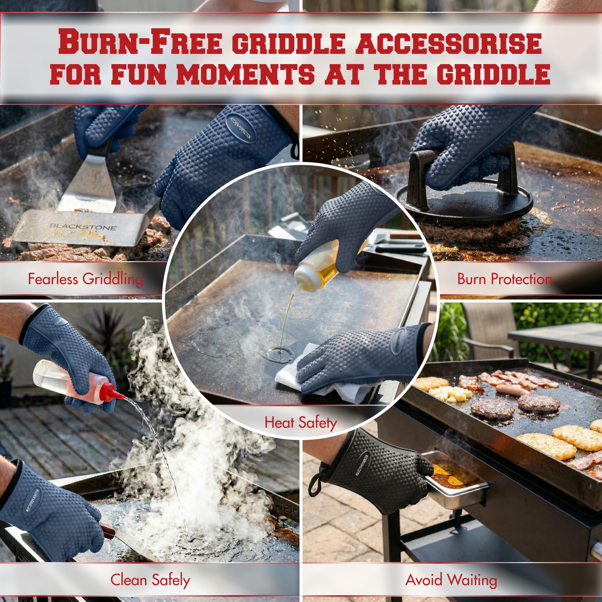 KITCHEN PERFECTION Silicone Oven & Griddle Gloves -Extreme Heat Resistant BBQ & Grilling Gloves -Handle Hot Food Right on Your Griddle |Waterproof Oven Mitts Grill Gloves |Superior Set+3 Bonuses
