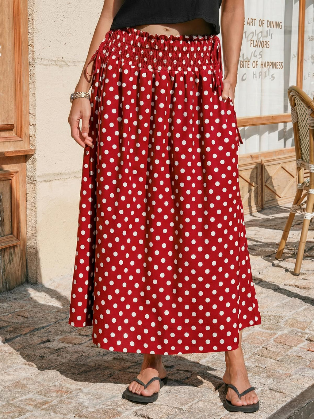 Tankaneo Womens Polka Dot Maxi Skirts Boho Smocked High Waisted Tie Skirt Casual Beach Vacation Dress