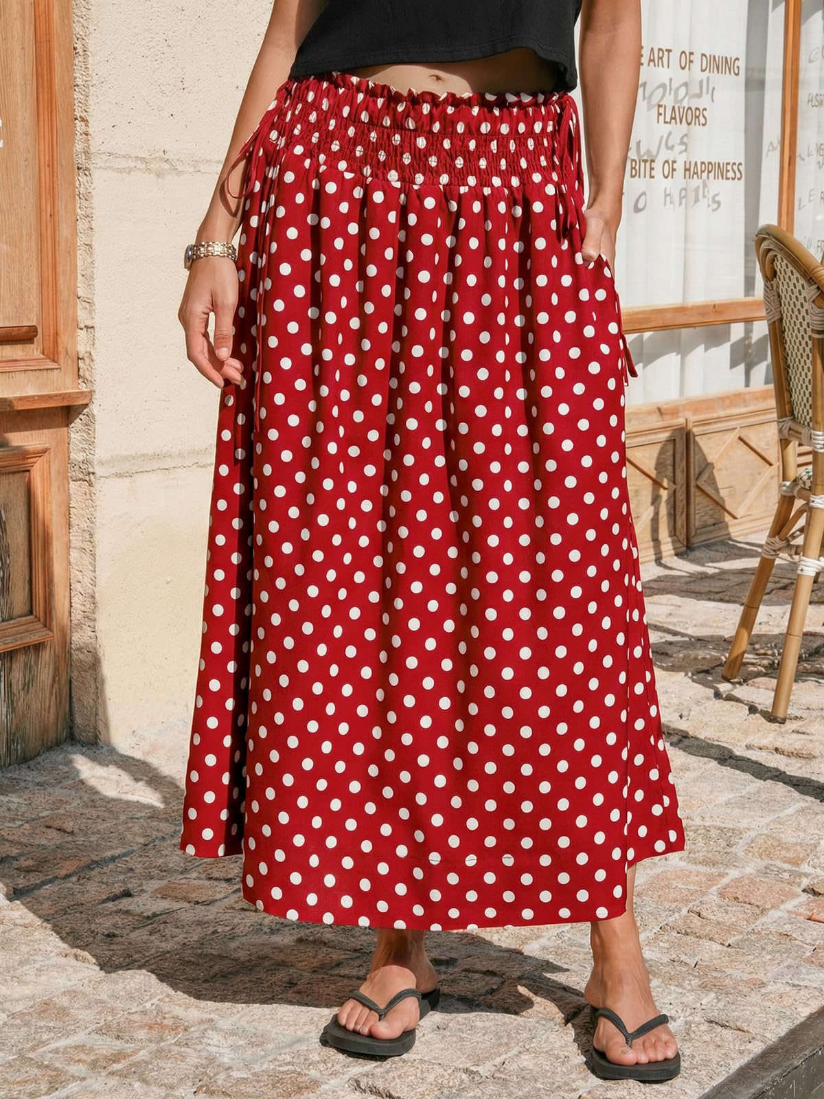 Tankaneo Womens Polka Dot Maxi Skirts Boho Smocked High Waisted Tie Skirt Casual Beach Vacation Dress