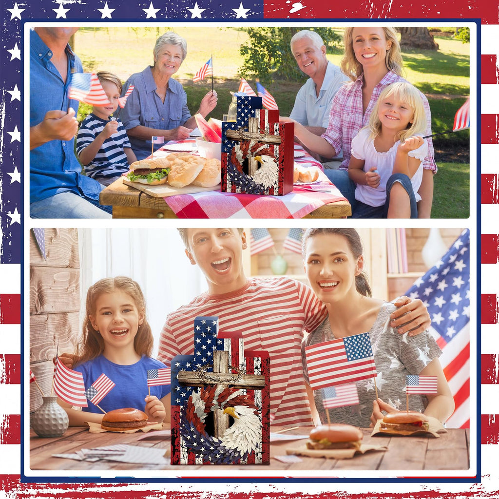 Amyhill 3 Pcs 4th of July Decorations Set Wooden Patriotic Table Centerpieces Independence Day Wood Firework Fourth of July Table Signs for 250th Anniversary Home Farmhouse Decor (Flag)
