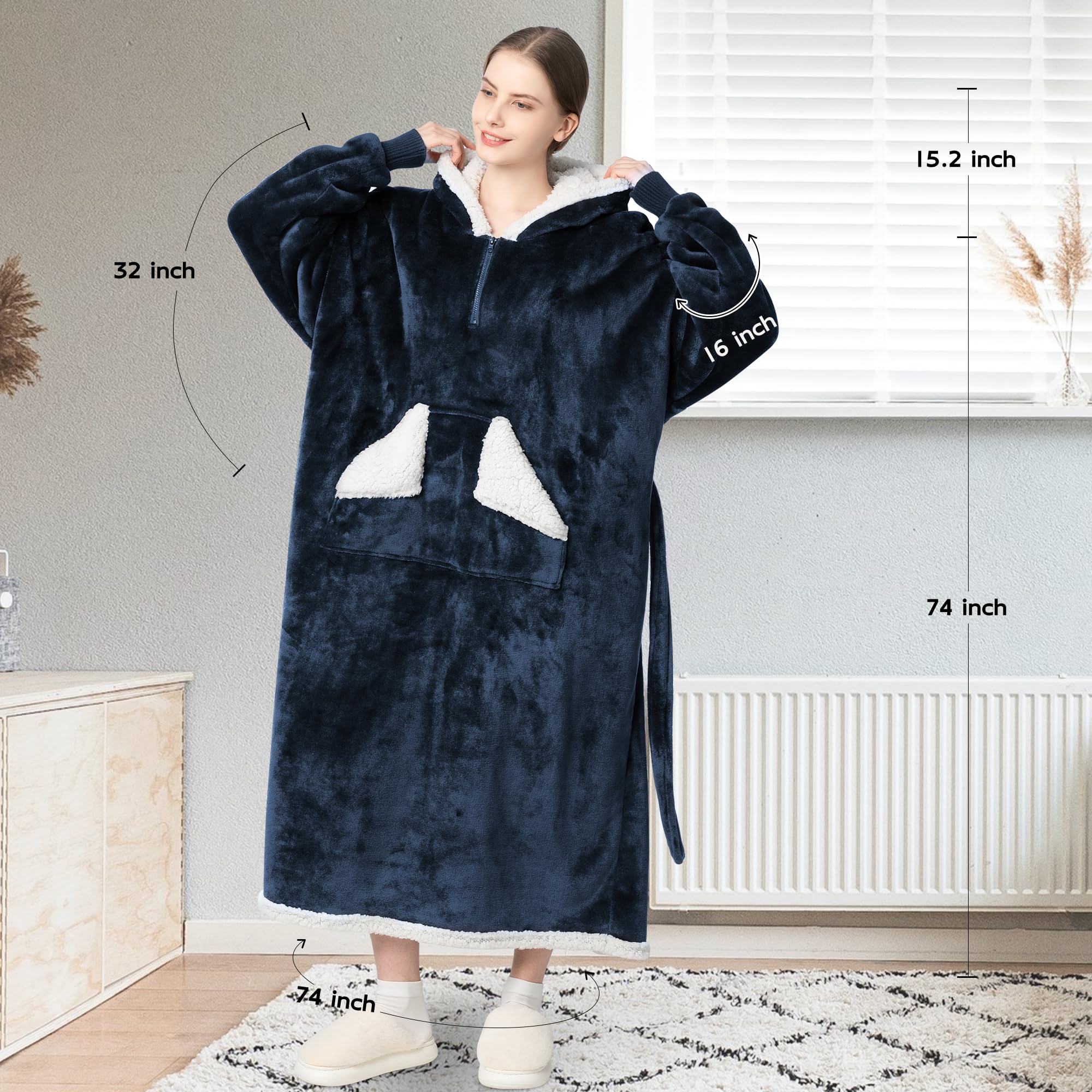 Touchat Wearable Blanket Hoodie, Oversized Sherpa Fleece Sweatshirt Blanket with Giant Hood Pocket and Sleeves for Adult, Warm & Cozy Grey Blanket Gifts for Women