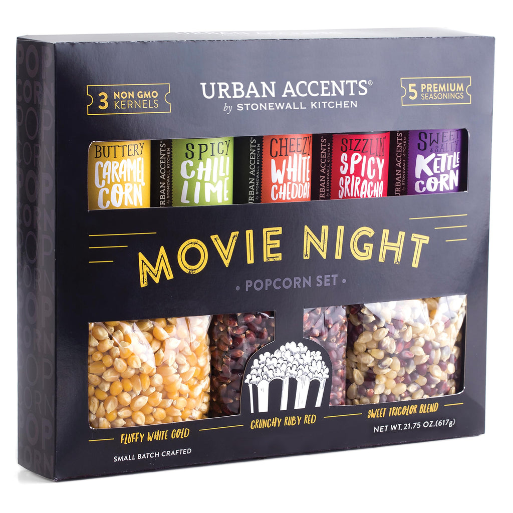 Urban Accents Movie Night Small-Batch Popcorn Gift Set – Includes 3 Gourmet non-GMO Popcorn Kernel Varieties & 5 Flavorful Seasonings – Perfect Snack Gift Box for Parties, Father's Day, Graduations and Movie Lovers