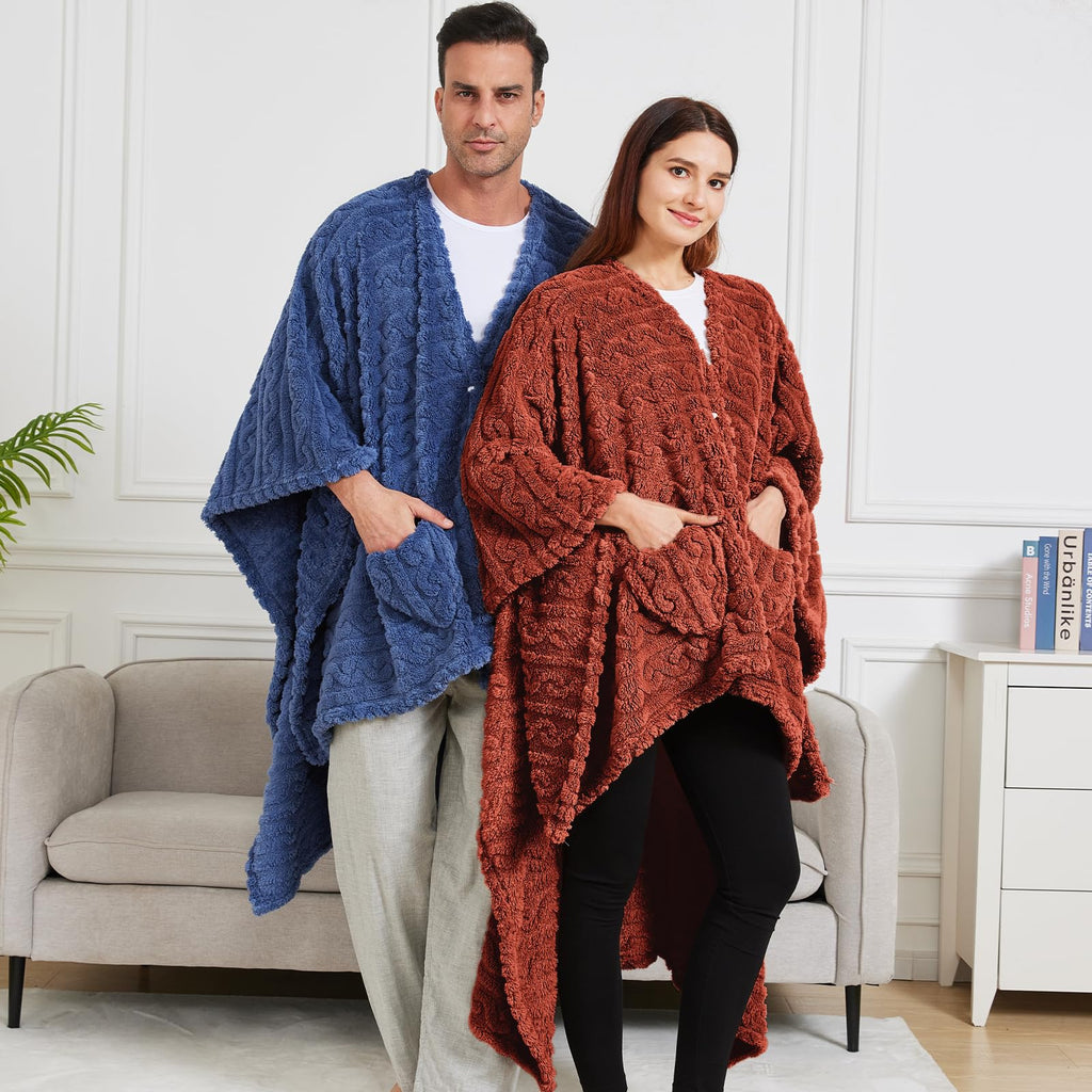 Wearable Blanket Poncho Cape Wrap for Adult, Cozy Sherpa Fleece Pocketed Shawl TV Throw Blankets for Office and Lounge(Caramel,58'' x 64'')