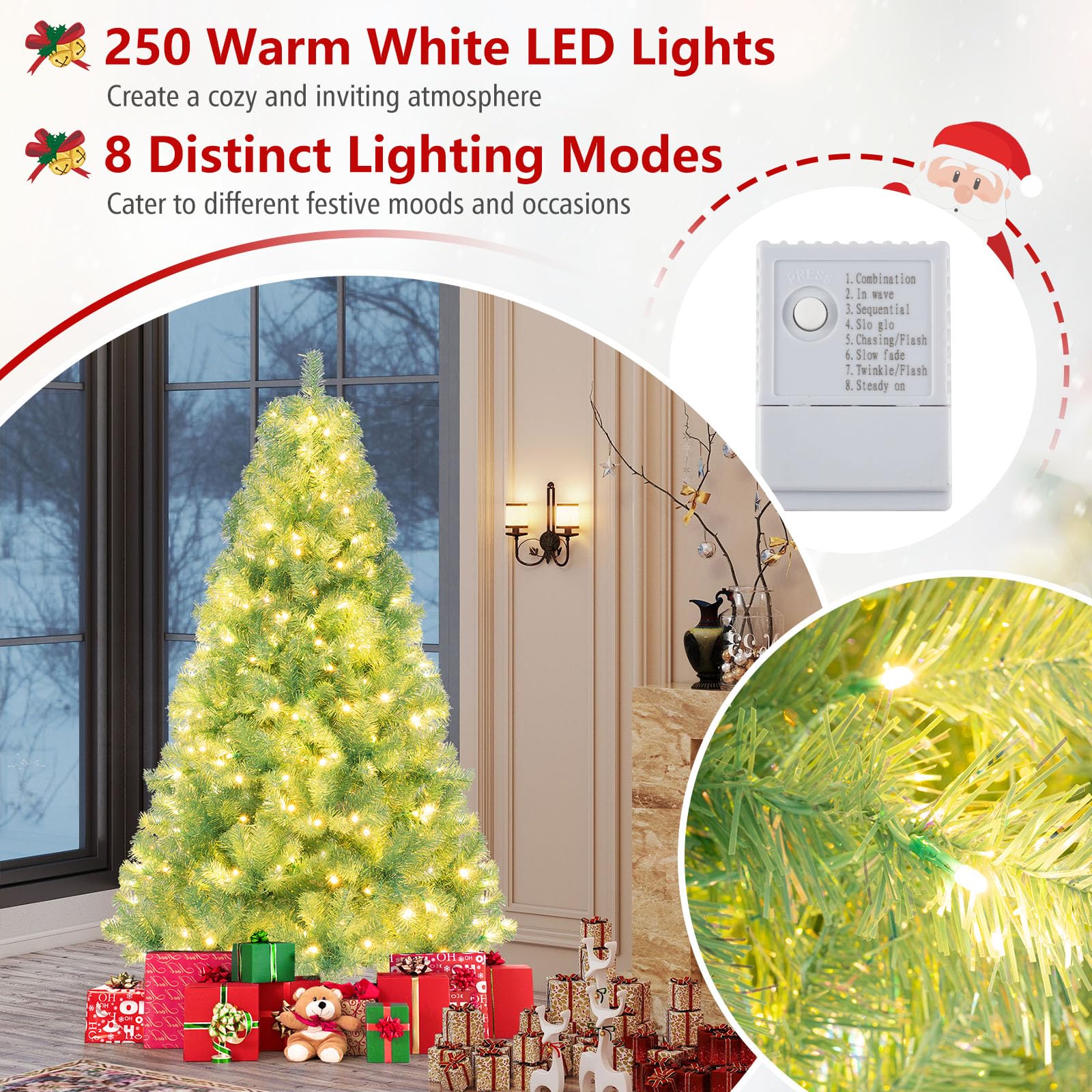 Goplus 7FT Pre-Lit Artificial Christmas Tree Auto-Spread/Close up Branches 11 Flash Modes with Multicolored 400 LED Lights & Metal Stand