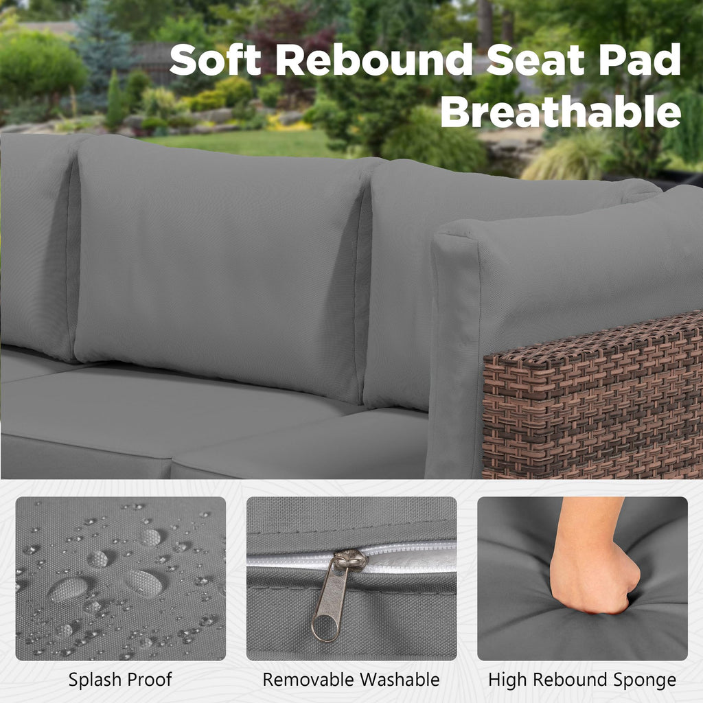 LHBcraft 7 Piece Patio Outdoor Furniture Set, Outdoor Sectional, All-Weather Manual Weaving PE Rattan Wicker Patio Sectional Sofa, Rattan Outside Furniture with Black Cushion and Glass Coffee Table