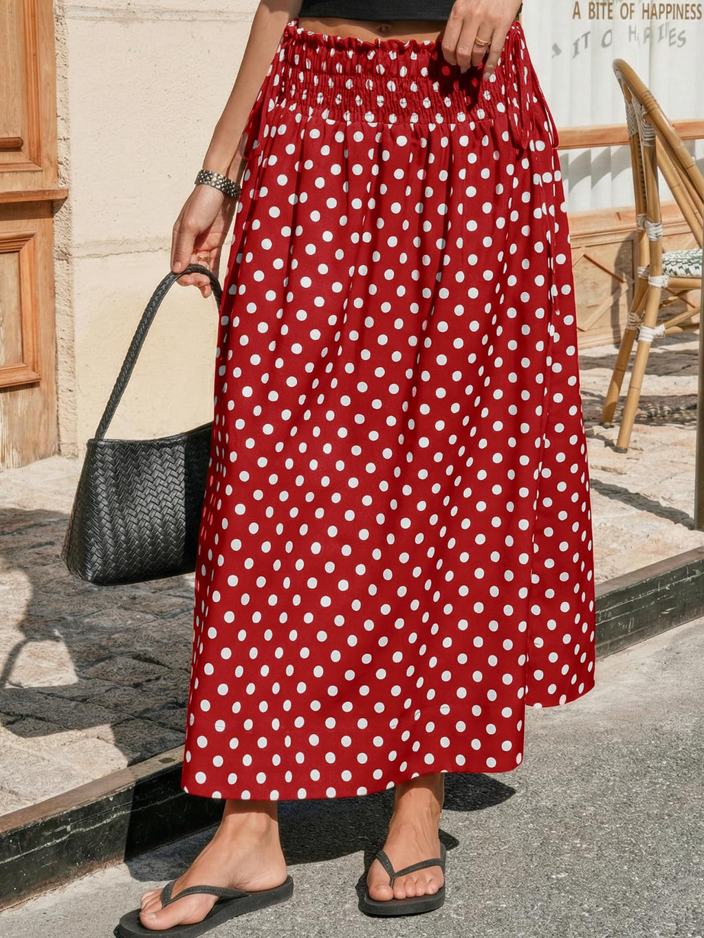 Tankaneo Womens Polka Dot Maxi Skirts Boho Smocked High Waisted Tie Skirt Casual Beach Vacation Dress