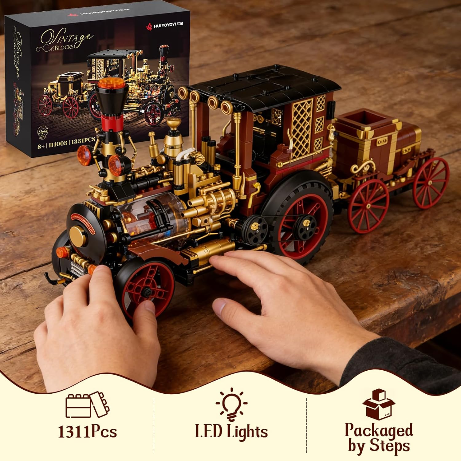 OWNONE 1 Vintage Car Steam Engine Building Blocks Set with Lights, Western Retro Steam Tractor Locomotive Model Building Kit for Vintage & West Lovers, Creative Home Office Decor Gift for Adults Teens