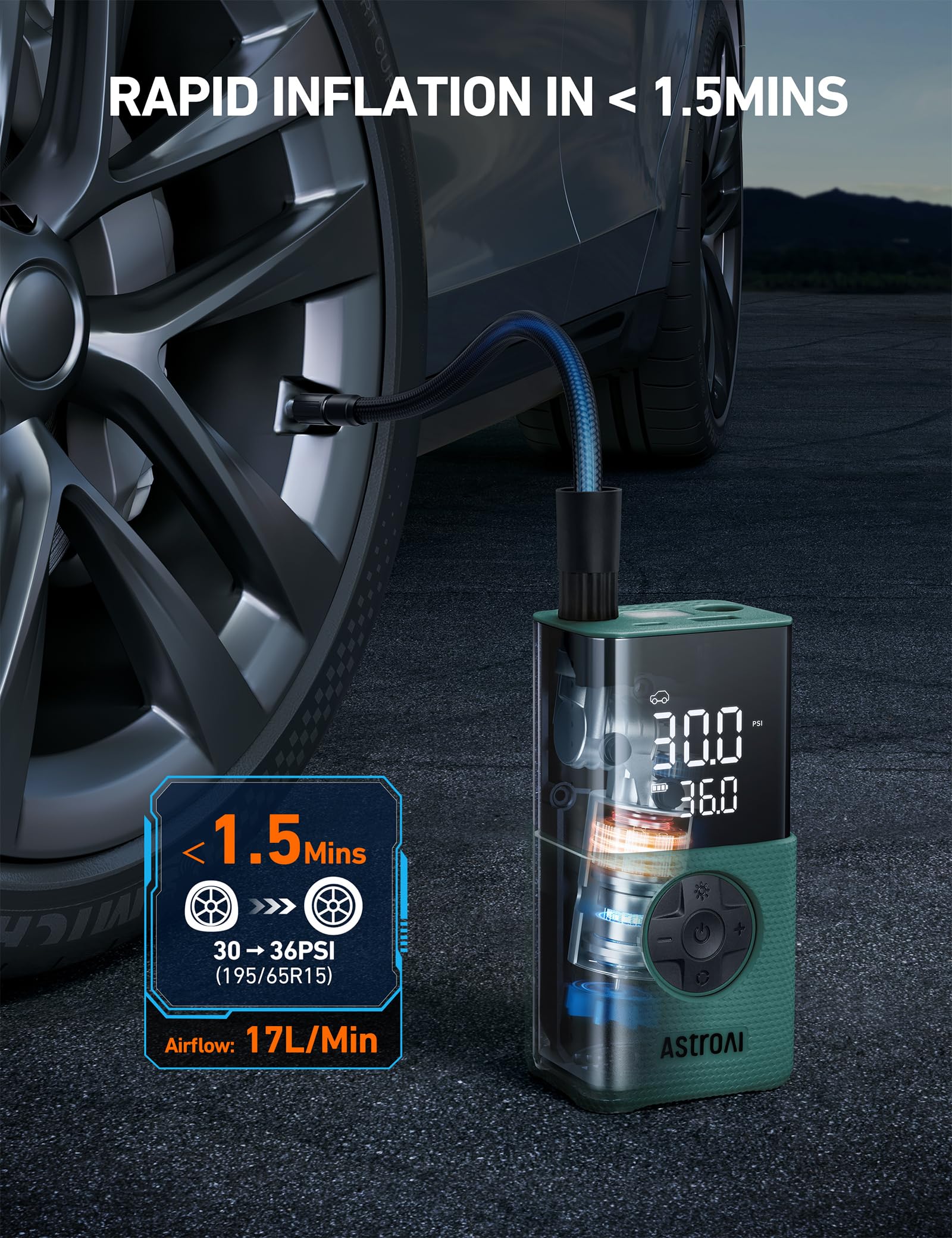AstroAI L7 Tire Inflator Portable Air Compressor,150 PSI Cordless Mini Air Bike Auto Shut-Off Pump with Digital Display Pressure Gauge, Fast Inflation & LED Light for Car Tires,Motorcycles,Bikes,Balls