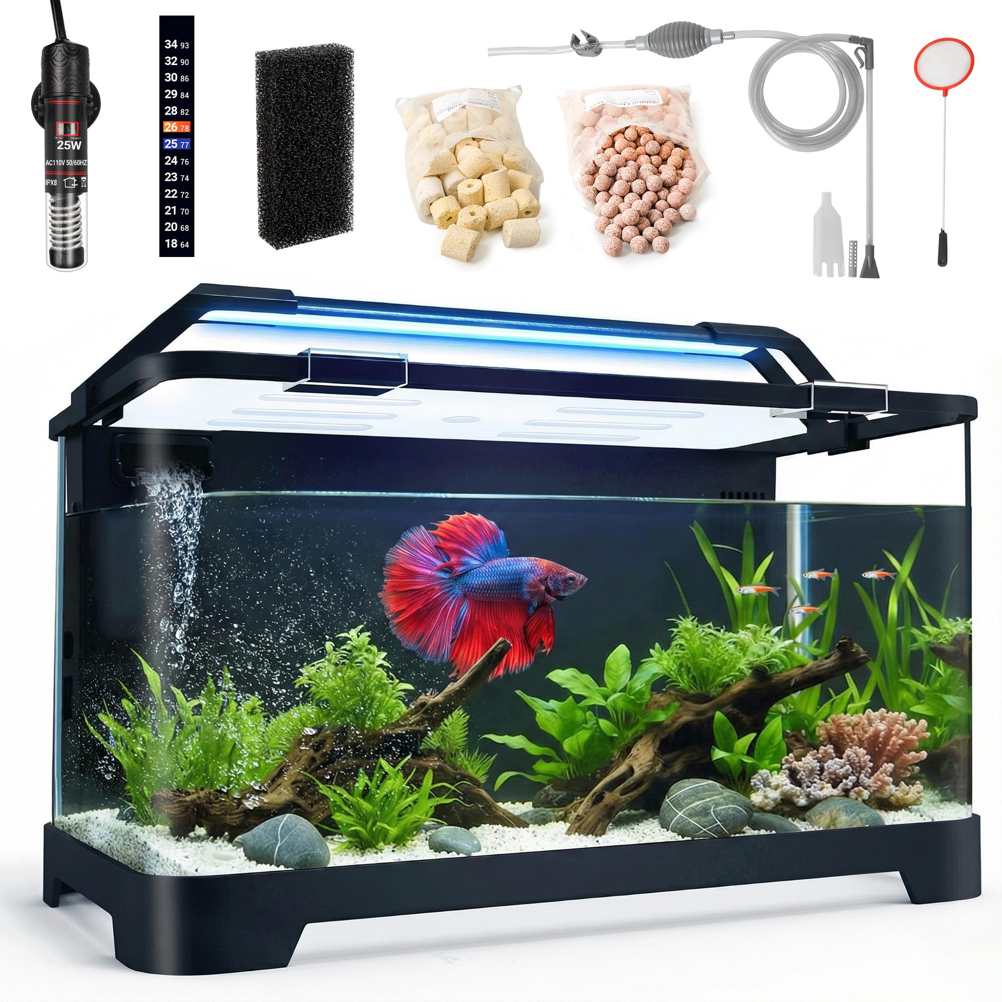 3.5 Gallon Betta Fish Tank, All in One Aquarium Starter Kits with Back Filter, Adjustable Pump, 25W Heater, LED Thermometer, LED Light with Timer & Water Changer Kit, Gifts for Mom Wife