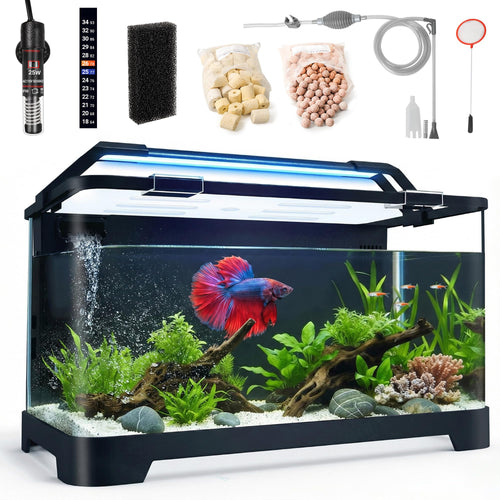 3.5 Gallon Betta Fish Tank, All in One Aquarium Starter Kits with Back Filter, Adjustable Pump, 25W Heater, LED Thermometer, LED Light with Timer & Water Changer Kit, Gifts for Mom Wife