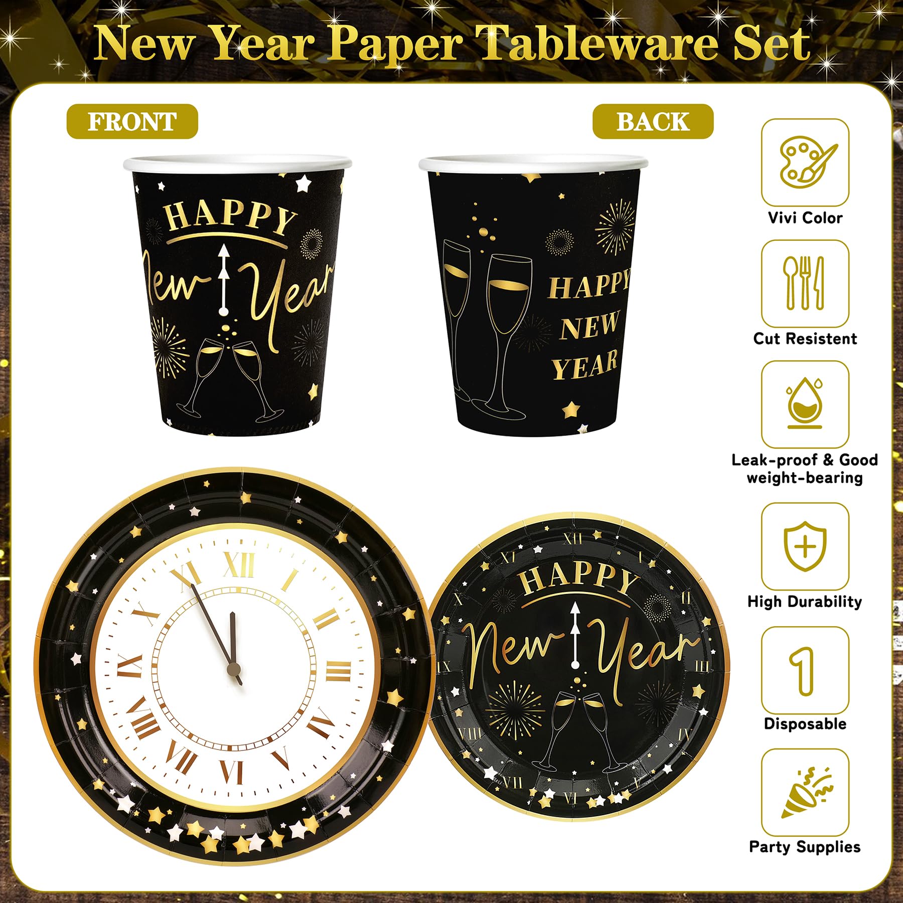 168pcs Happy New Year Party Supplies, Black and White Paper Plates Napkins Cups and Transparent Gold Cutlery for 24 Guests, 2026 New Year Disposable Tableware Supplies for Party Decorations