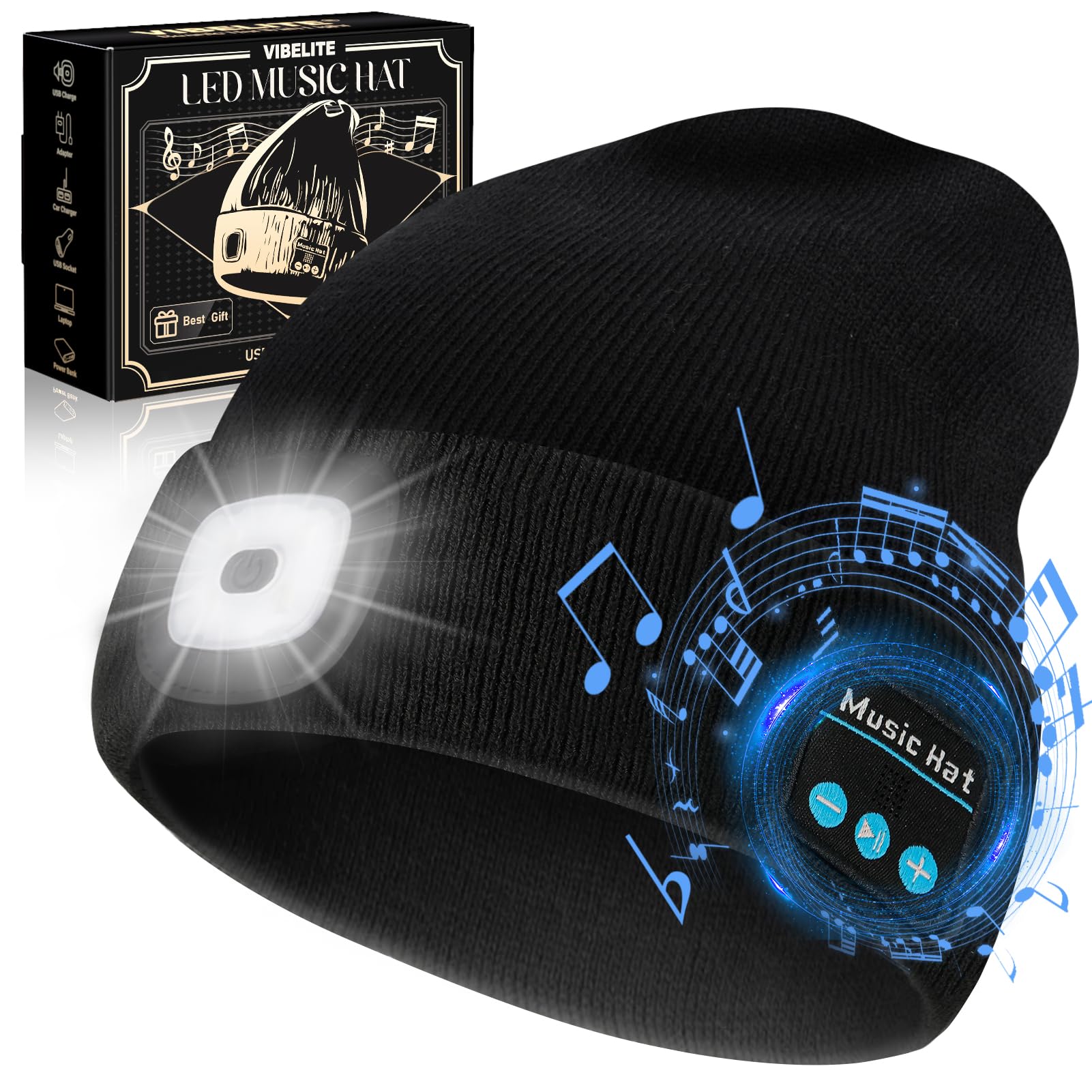 VIBELITE LED Beanie Hat with Light, USB Rechargeable LED Headlamp for Hiking, Camping, Fathers Day Gift for Dad, Husband, Birthday Gifts for Men, Women, Dad Gifts from Daughter, Wife, Black