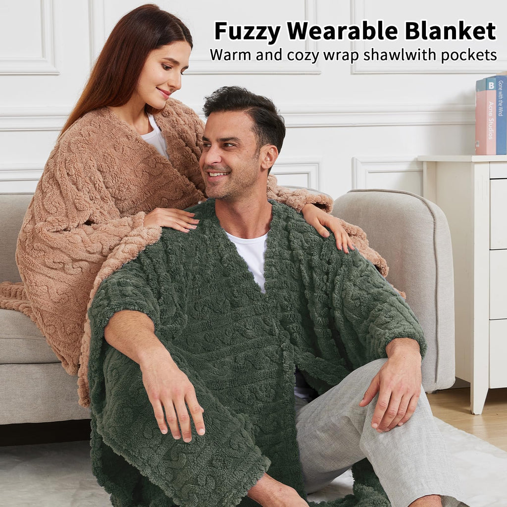 Wearable Blanket Poncho Cape Wrap for Adult, Cozy Sherpa Fleece Pocketed Shawl TV Throw Blankets for Office and Lounge(Caramel,58'' x 64'')