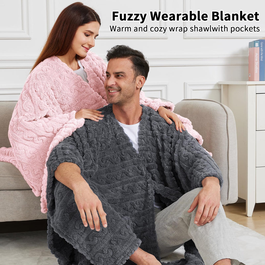 Wearable Blanket Poncho Cape Wrap for Adult, Cozy Sherpa Fleece Pocketed Shawl TV Throw Blankets for Office and Lounge(Caramel,58'' x 64'')
