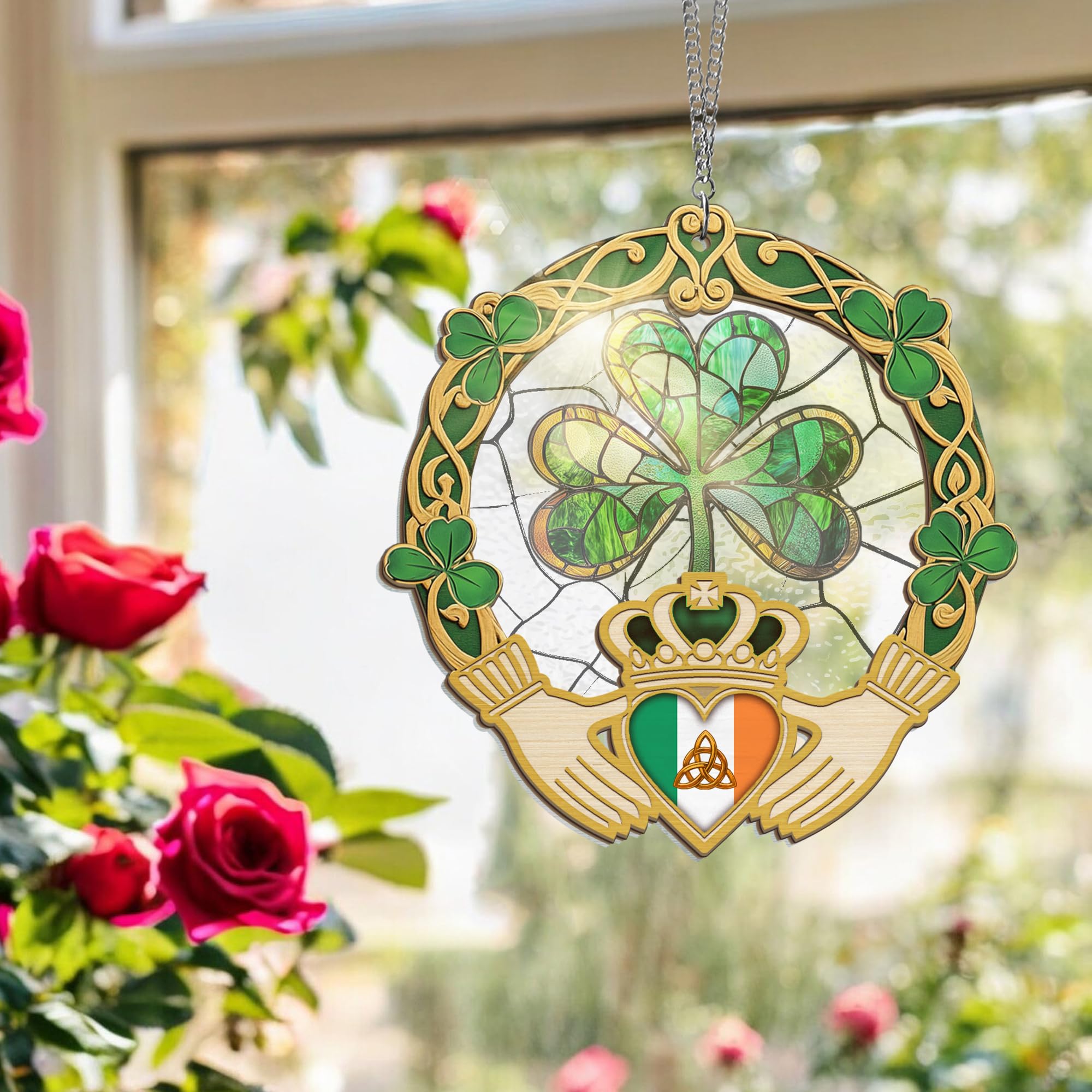 FLAGWIX St Patricks Day Decorations - Hanging Suncatcher 6 in, Shamrock St Patricks Day Decorations, Irish Suncatcher for Home Garden Decor - Irish Gifts for Women Men, Spiritual Gifts for Mom Grandma