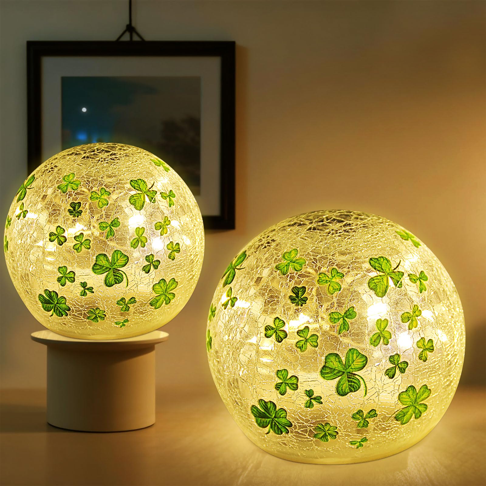 St Patricks Day Decorations Lights, Lighted Glass Ball Tabletop Irish Decor LED Night Light with Clover Pattern,Irish DIecorations for Home (2PCS3.93'')