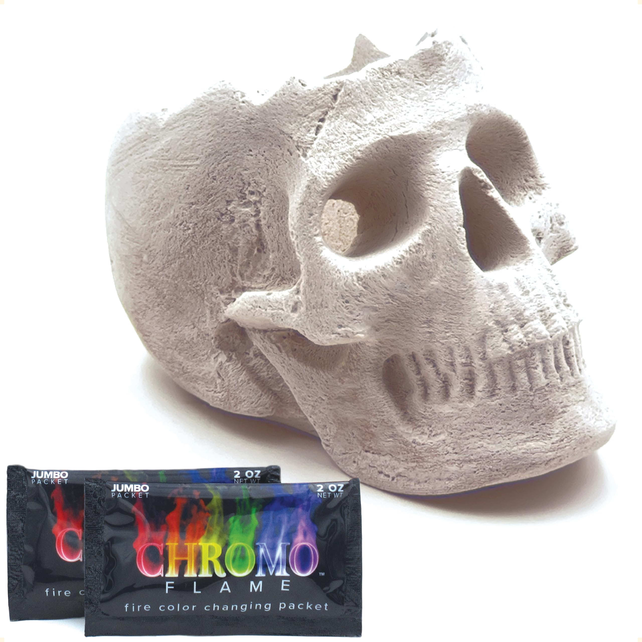 OSKER Fire Pit Skull with Fire Color Changing Packets | Ceramic Fireproof Log for Bonfire, Campfire, Fireplace, Firepit | Halloween Decor | Gas, Propane, or Wood Fires | 9 Inch - Light Beige