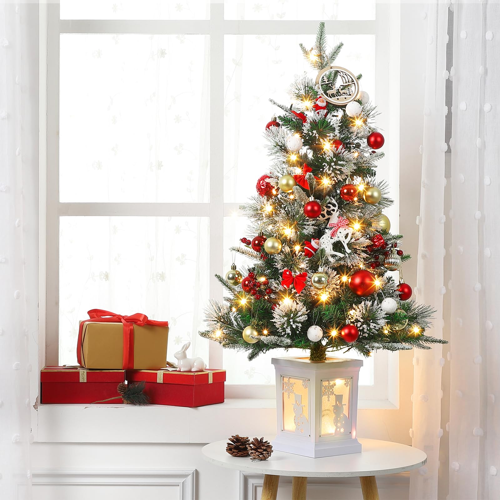 3FT Prelit Premium Snow Flocked Artificial Christmas Tree with Warm White LED, Mini Prelit Xmas Pine Tree for Christmas Decoration,Yard,Home,Office,Outdoor,Indoor,8 Mode Snowflake White Base- 1PC