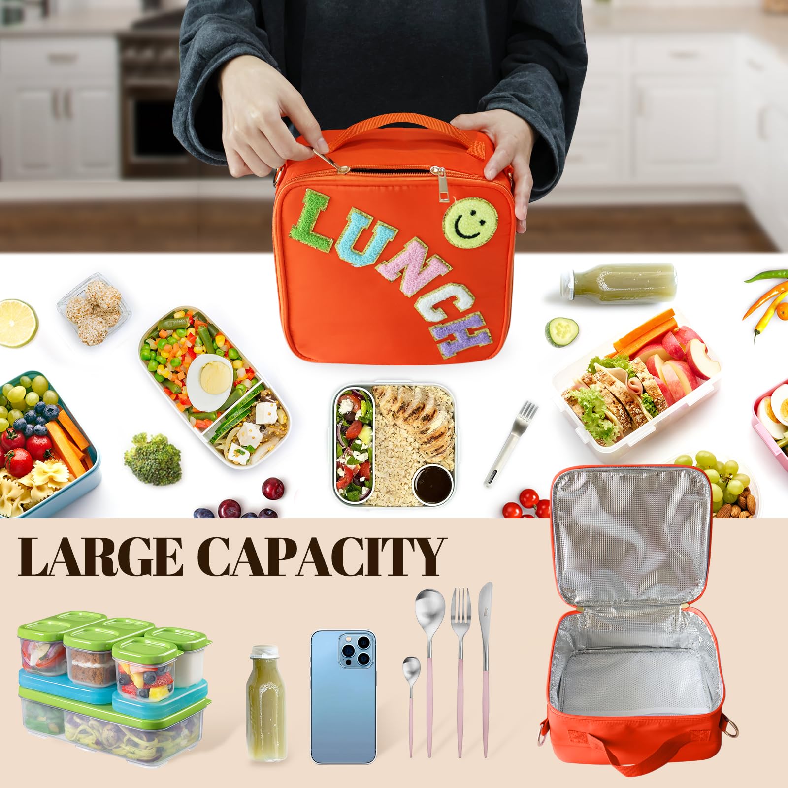 Insulated Lunch Bag With Adjustable Shoulder Strap, Nylon Preppy Lunch Box Large Insulated Lunch Bag Reusable Lunch Tote Bag with Smiley Preppy LunchBag for Girls School Travel Picnic (Purple)