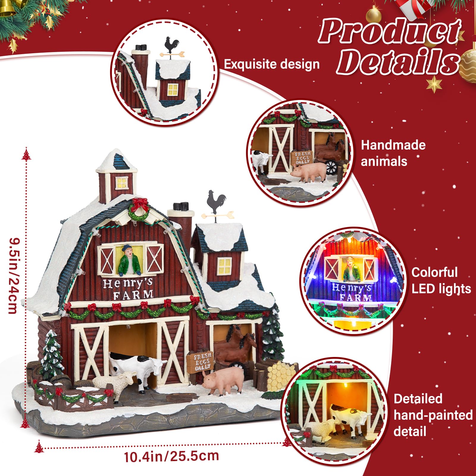 LED Lighted Musical Farmhouse Christmas Village - 10.4" Farm Barn, Large Christmas Collectible Building with Dual Light & Music Modes, Holiday Collectible Gifts for Tabletop, Mantel, Village Display