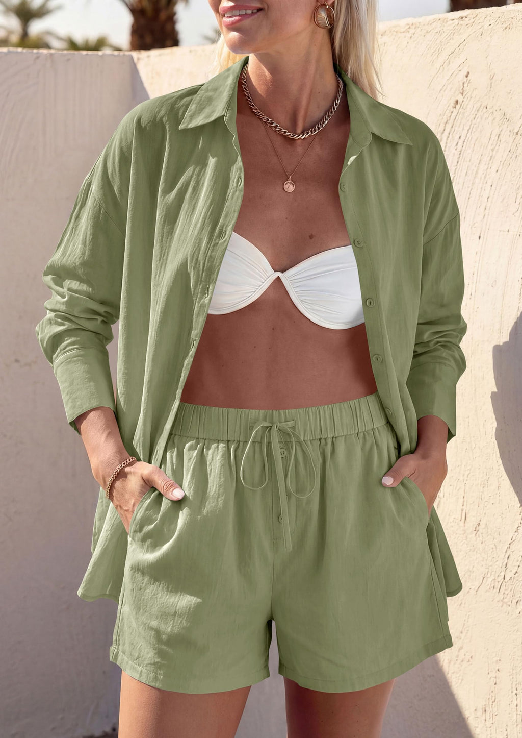 PRETTYGARDEN Women's Summer 2 Piece Matching Lounge Sets Pajamas Long Sleeve Shirts Blouse Pockets Shorts 2026 Spring Outfits