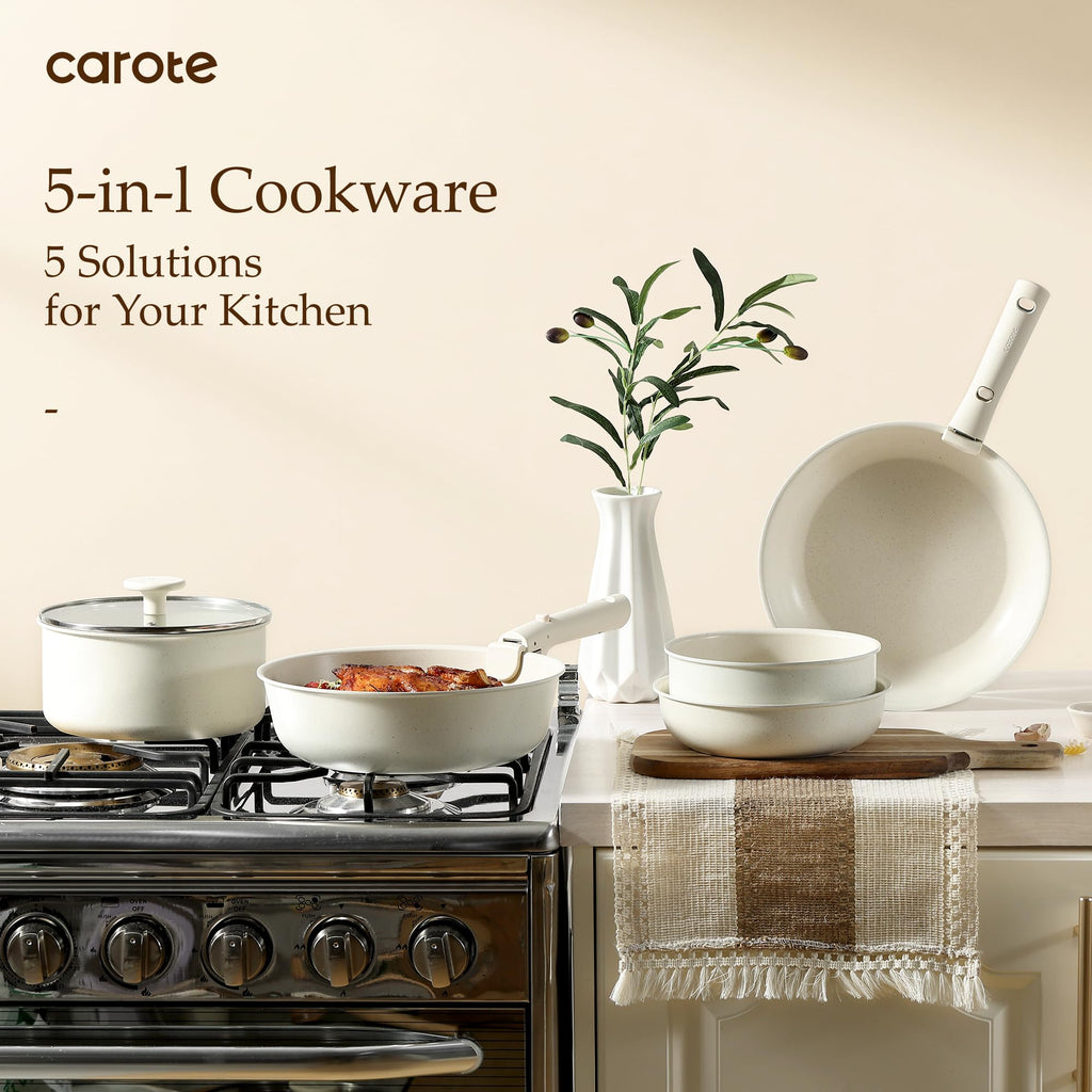 CAROTE 19pcs Pots and Pans Set, Nonstick Cookware Set Detachable Handle, Induction Kitchen Cookware Sets Non Stick with Removable Handle, RV Cookware Set, Oven Safe