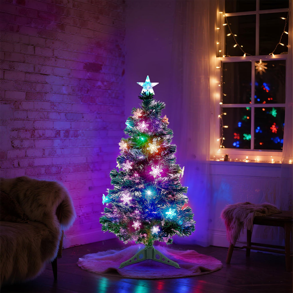 Prsildan 4 FT Artificial Christmas Tree, Pre-Lit Optical Fiber Xmas Trees with Multicolor LED Lights, Snowflakes & Top Star, Lighted Christmas Tree Holiday Home Decor