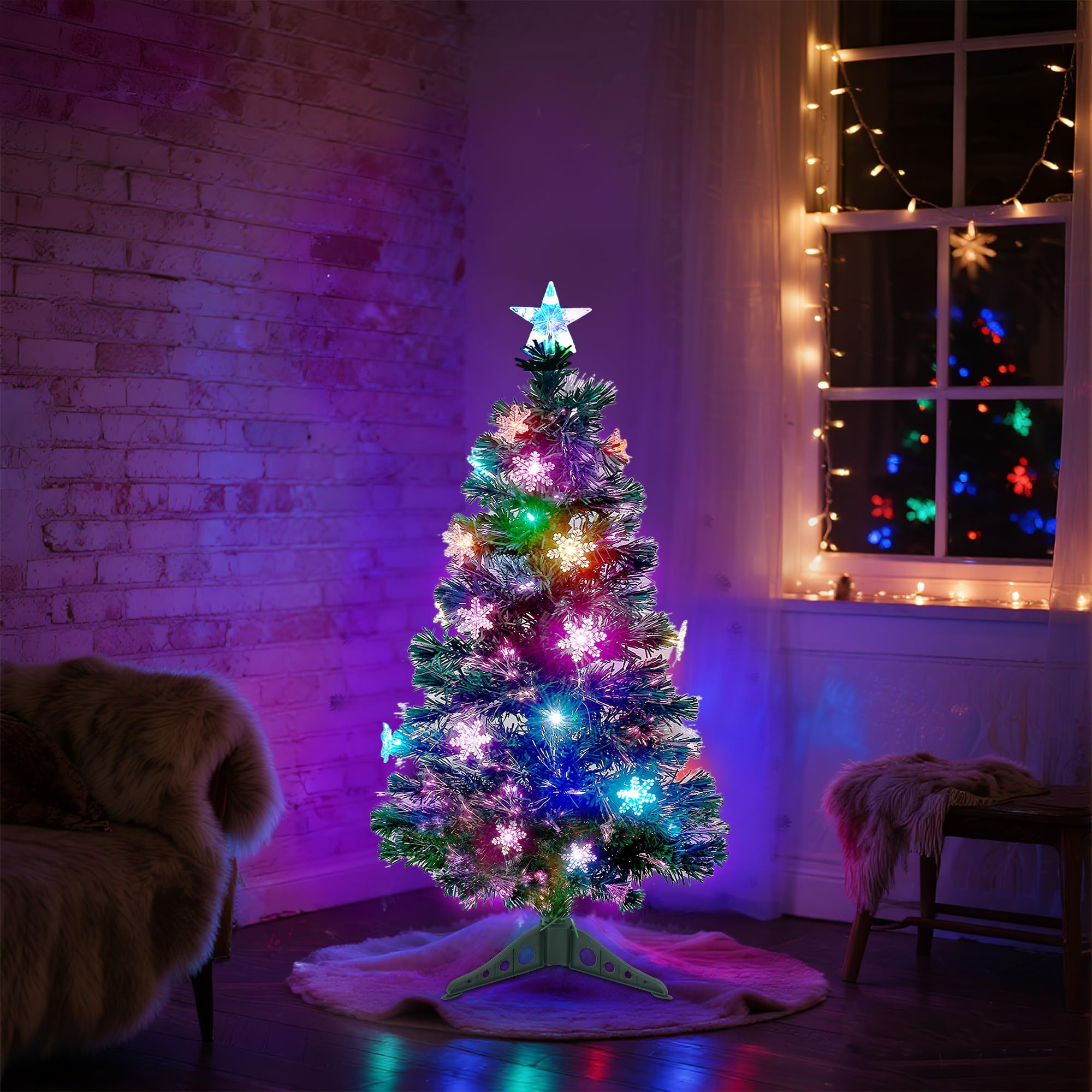 Prsildan 4 FT Artificial Christmas Tree, Pre-Lit Optical Fiber Xmas Trees with Multicolor LED Lights, Snowflakes & Top Star, Lighted Christmas Tree Holiday Home Decor